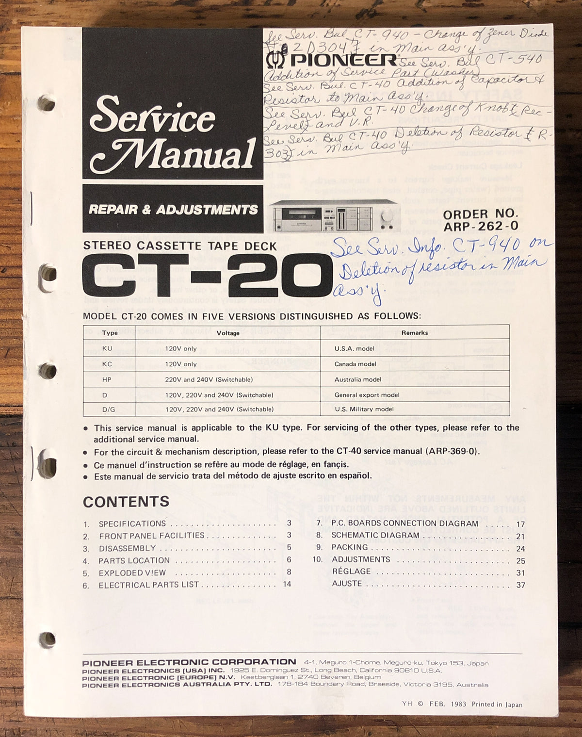 Pioneer CT-20 Cassette Service Manual *Original*