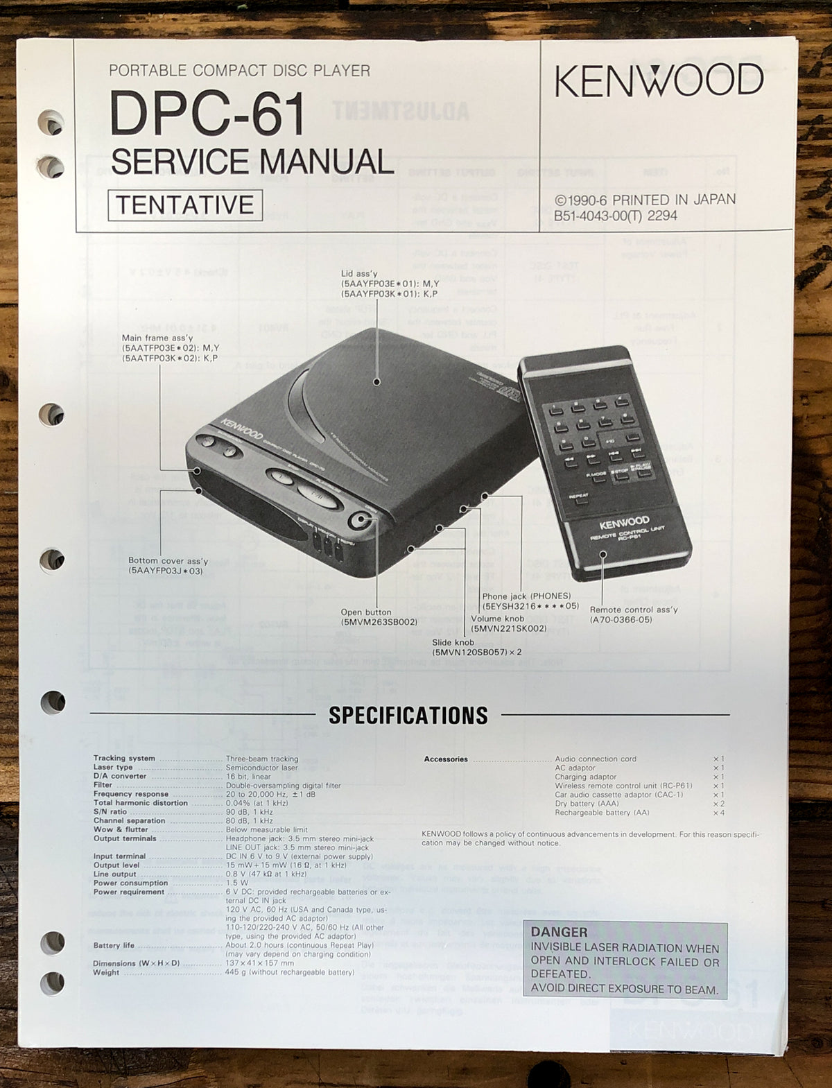 Kenwood DPC-61 CD Player Tent. Service Manual *Original*