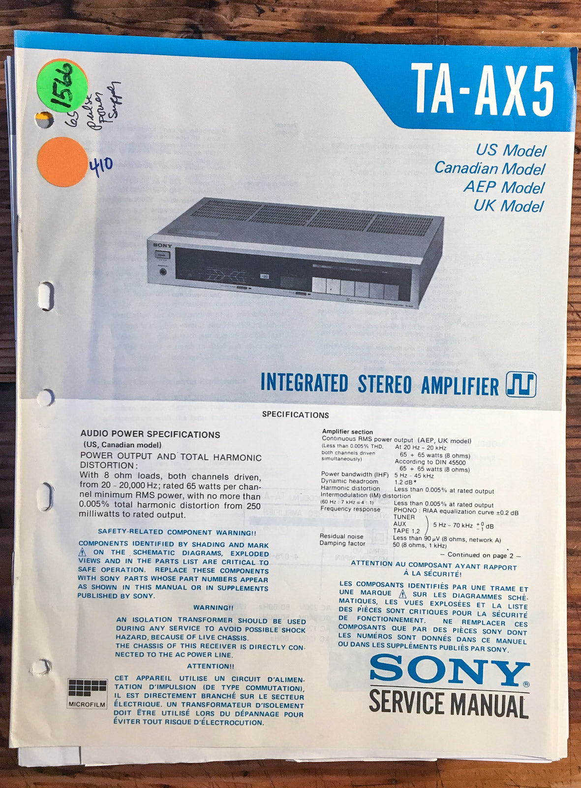 Sony TA-AX5 Amplifier Service Manual *Original*