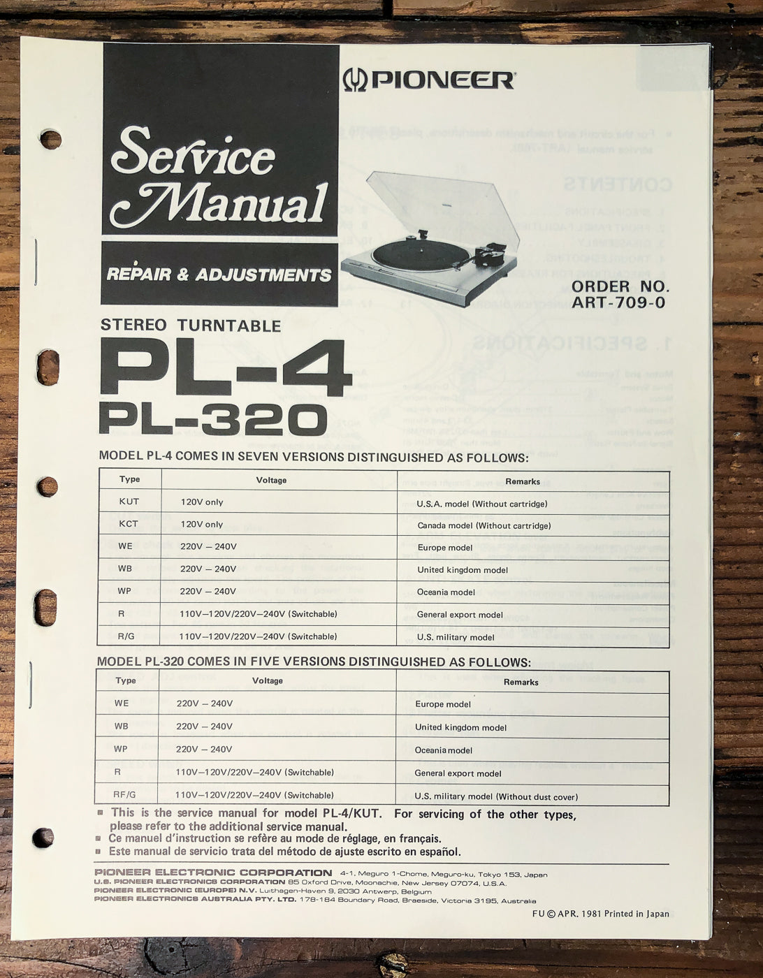 Pioneer PL-4 PL-320 Turntable Service Manual *Original*