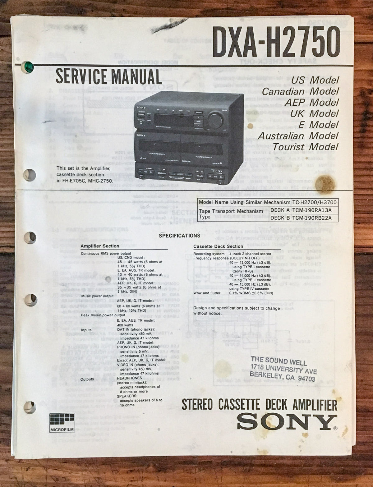 Sony DXA-H2750 Receiver Service Manual *Original*