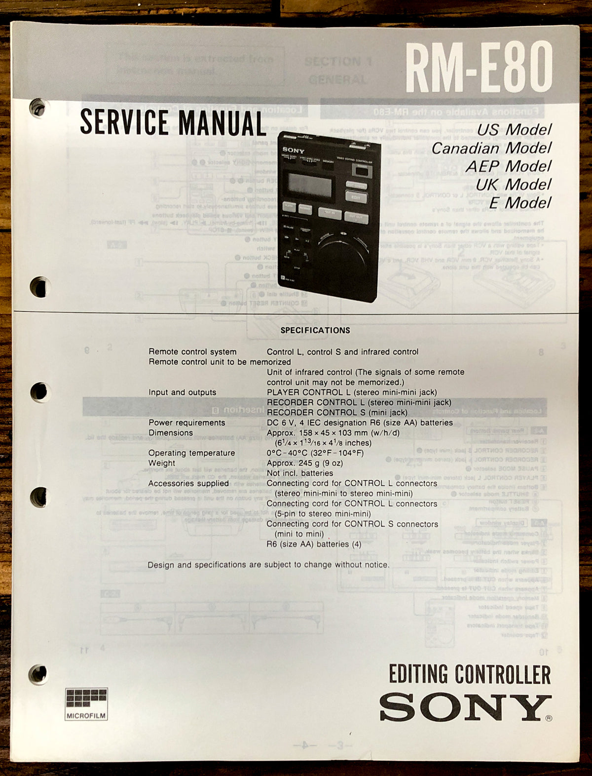 Sony RM-E80 Remote Control Service Manual *Original*