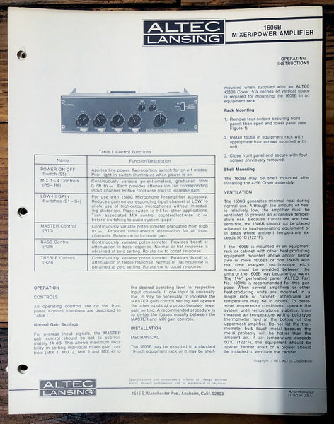 Altec Model 1606B Amplifier  Owners Manual & Schematic *Orig*