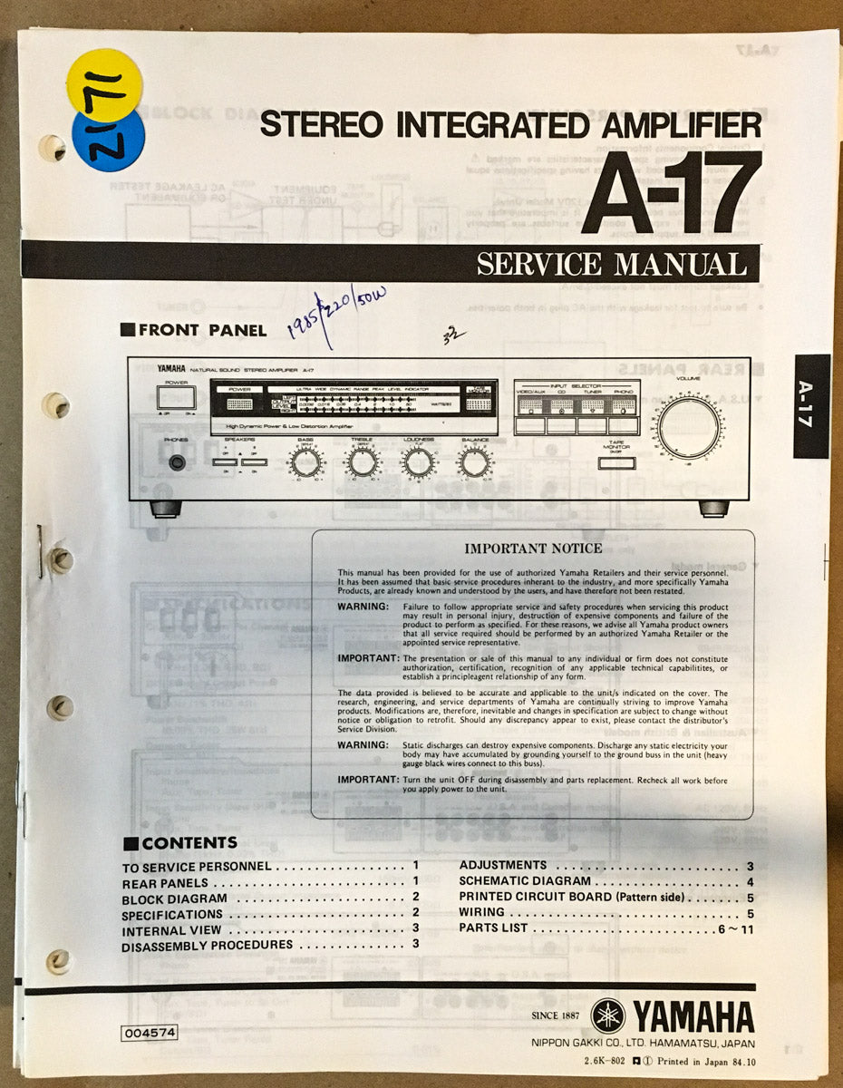 Yamaha A-17 Amplifier Service Manual *Original*