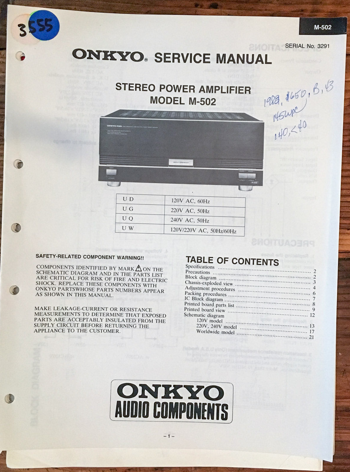 Onkyo M-502 Amplifier Service Manual *Original*