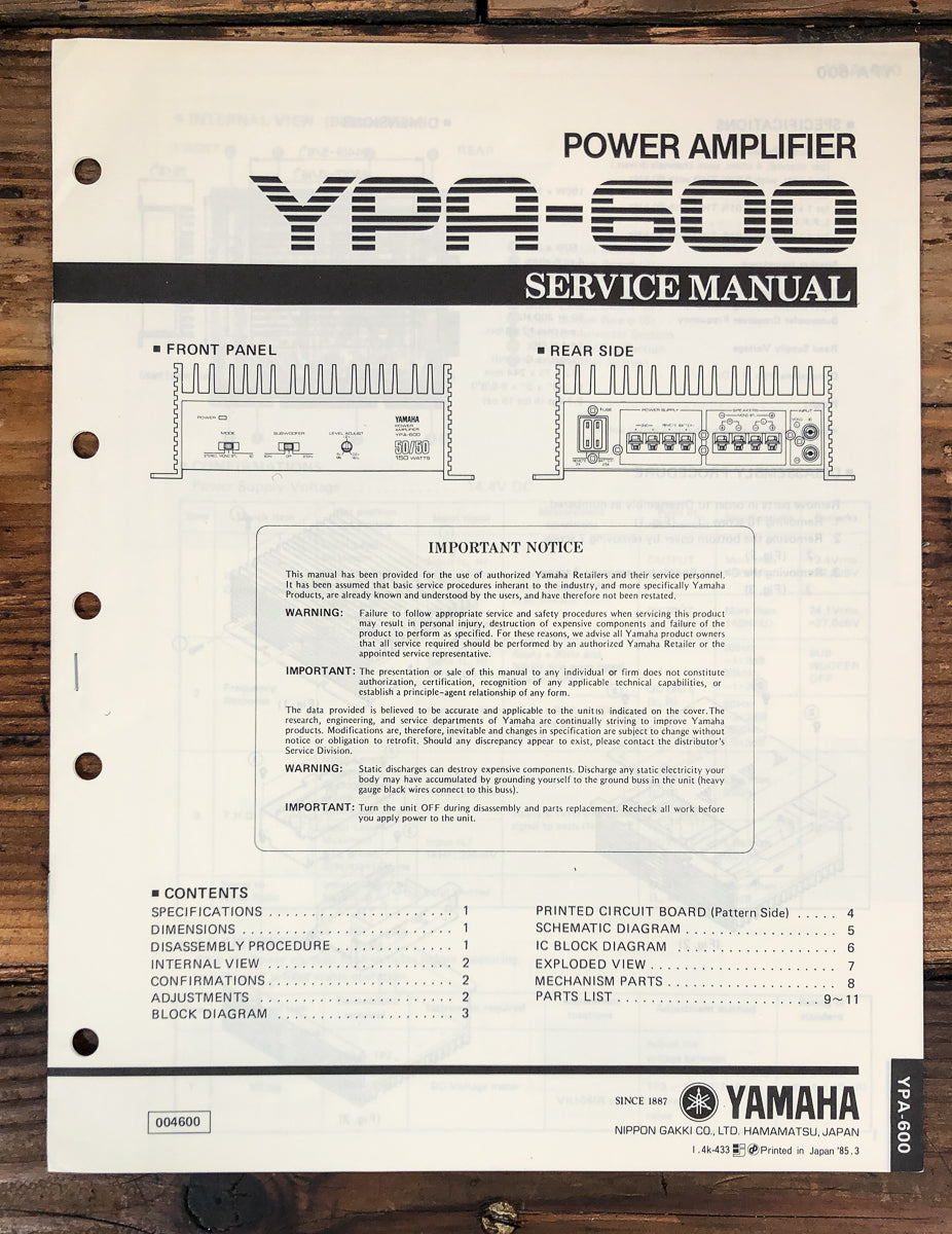 Yamaha YPA-600 Amplifier Service Manual *Original*