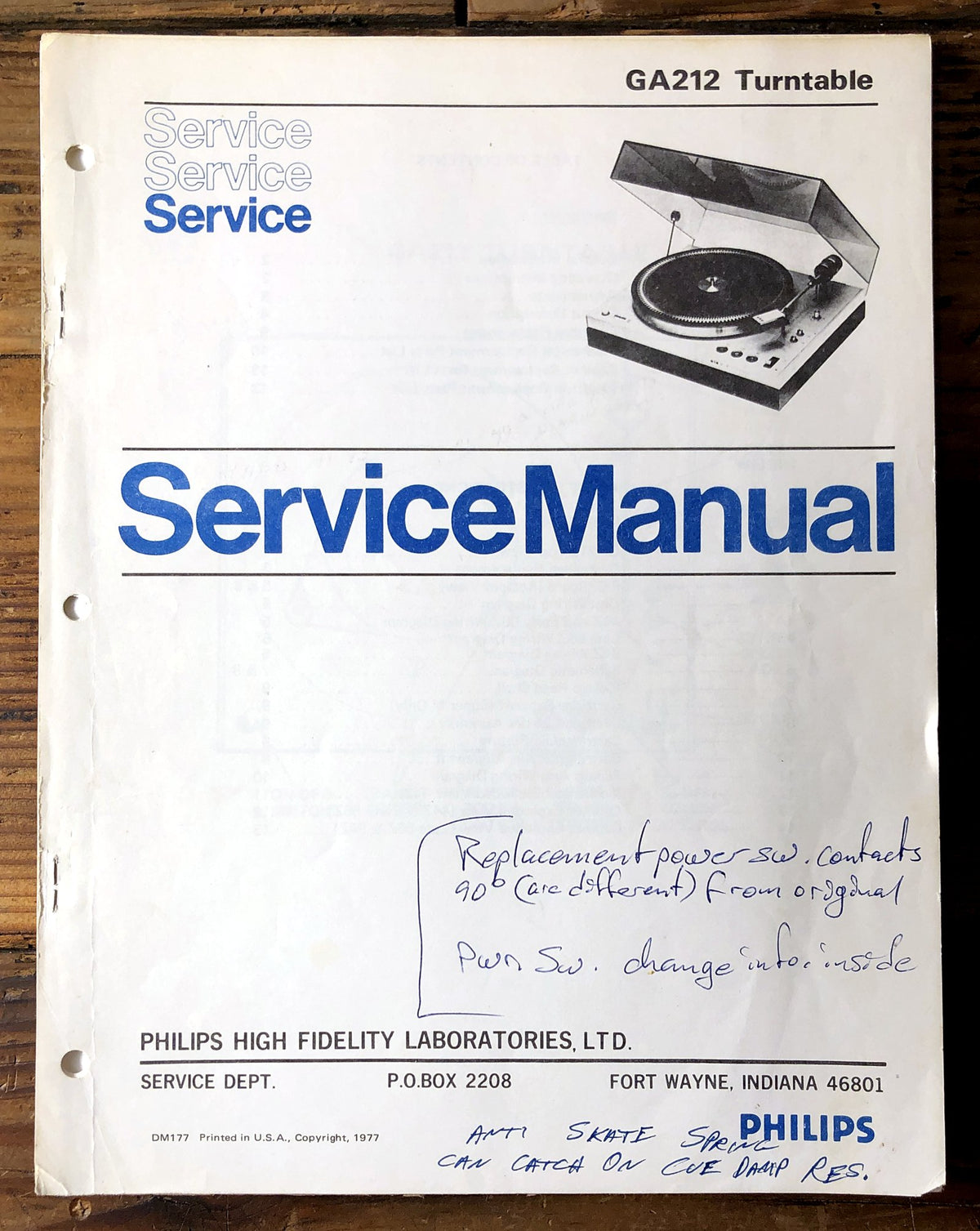 Philips GA212 Turntable Service Manual *Original*
