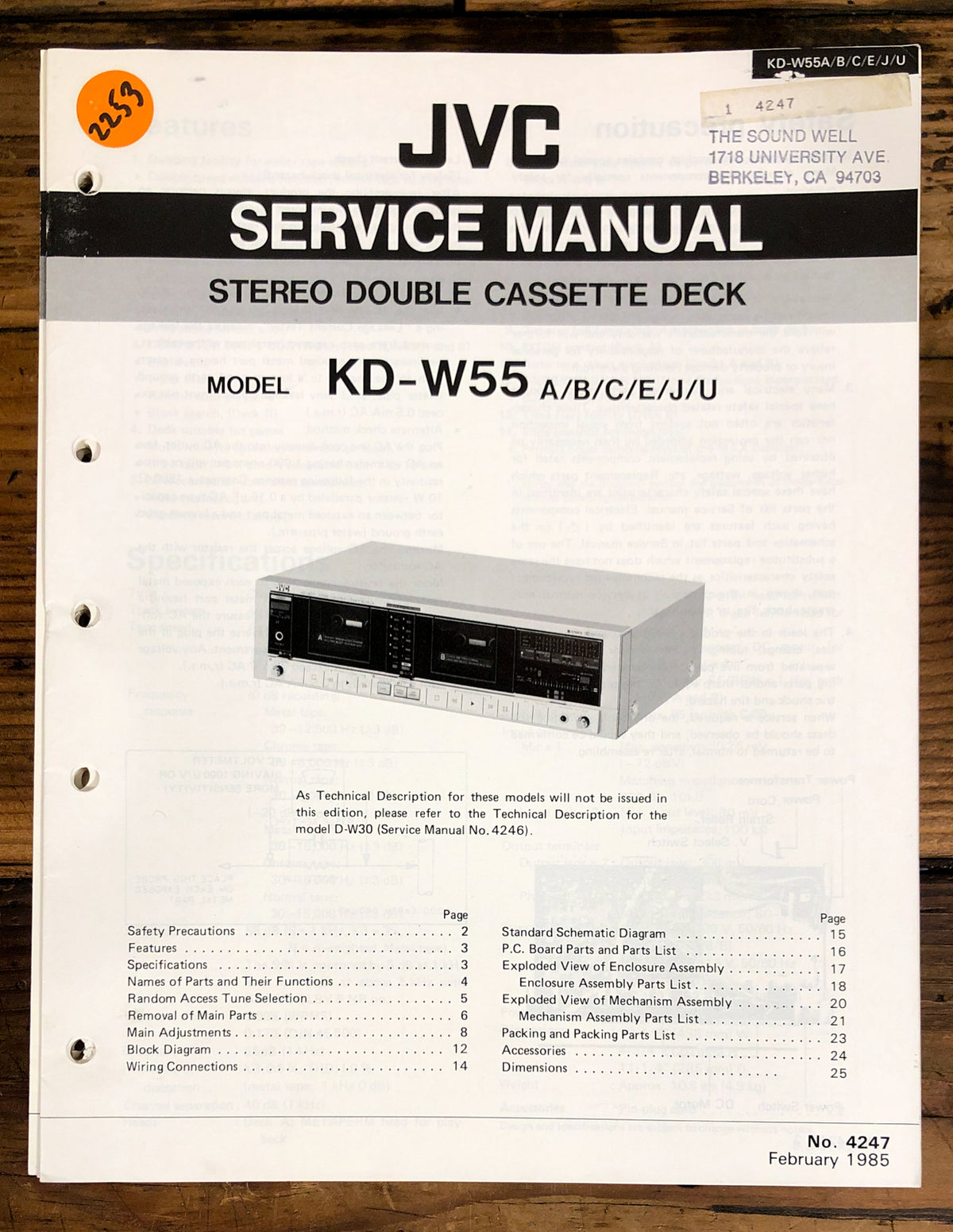 JVC KD-W55 Cassette Service Manual *Original*