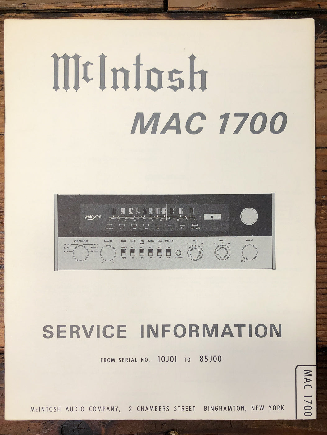 McIntosh MAC 1700 Receiver 10J01-85J00 Service Manual *Original*