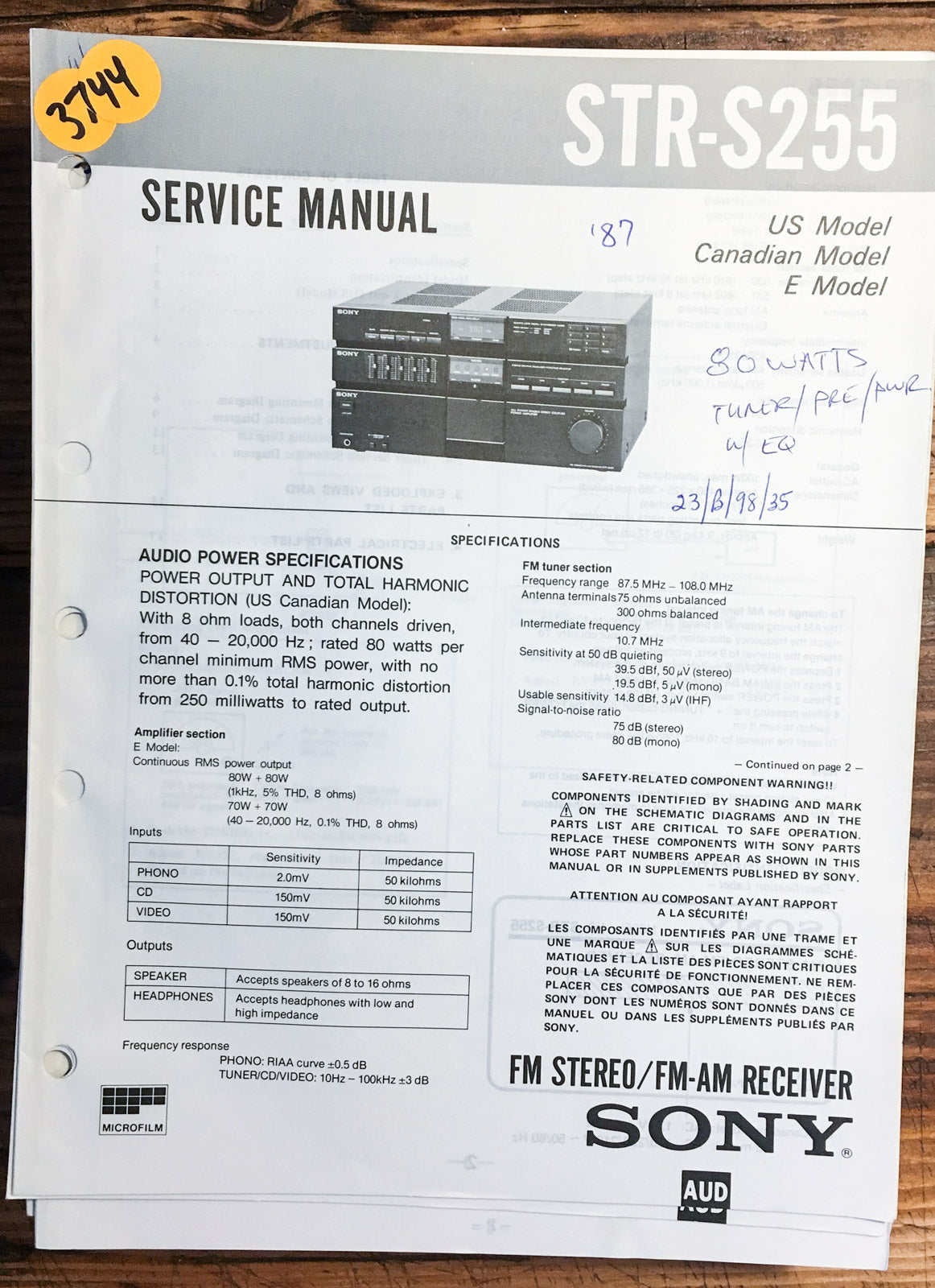 Sony STR-S255 Receiver Service Manual *Original*