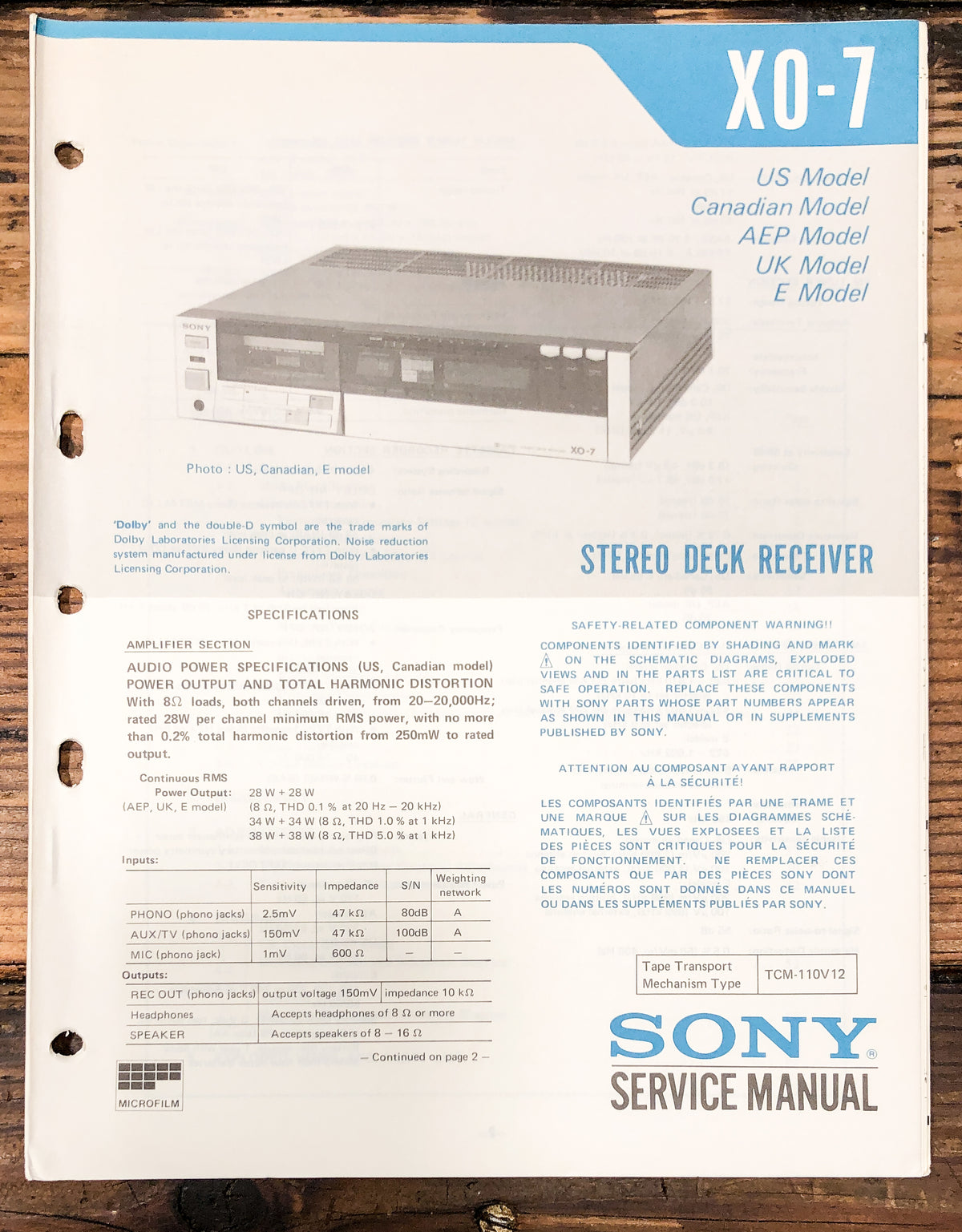 Sony XO-7 Cassette Receiver Service Manual *Original*