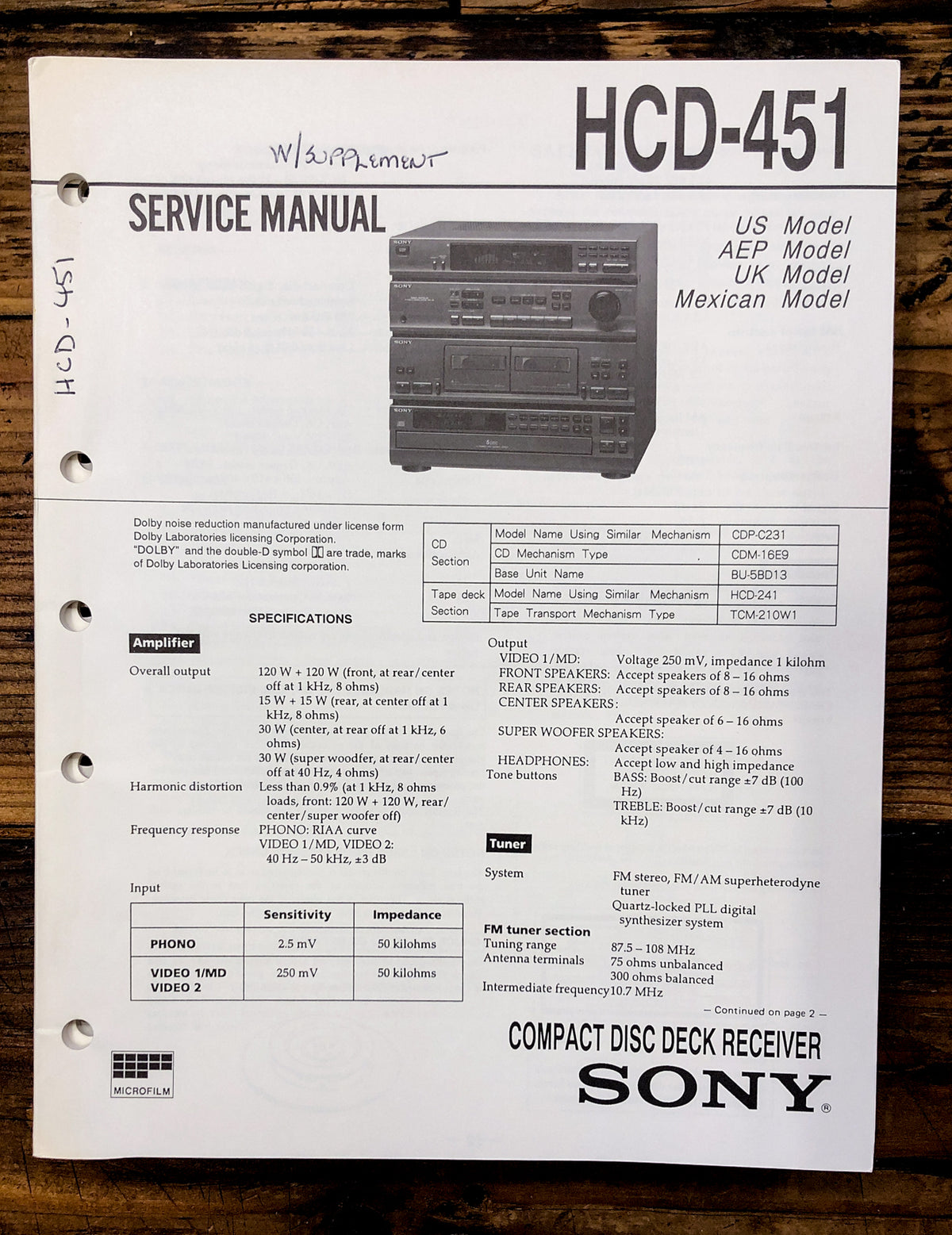 Sony HCD-451 Stereo Service Manual *Original*