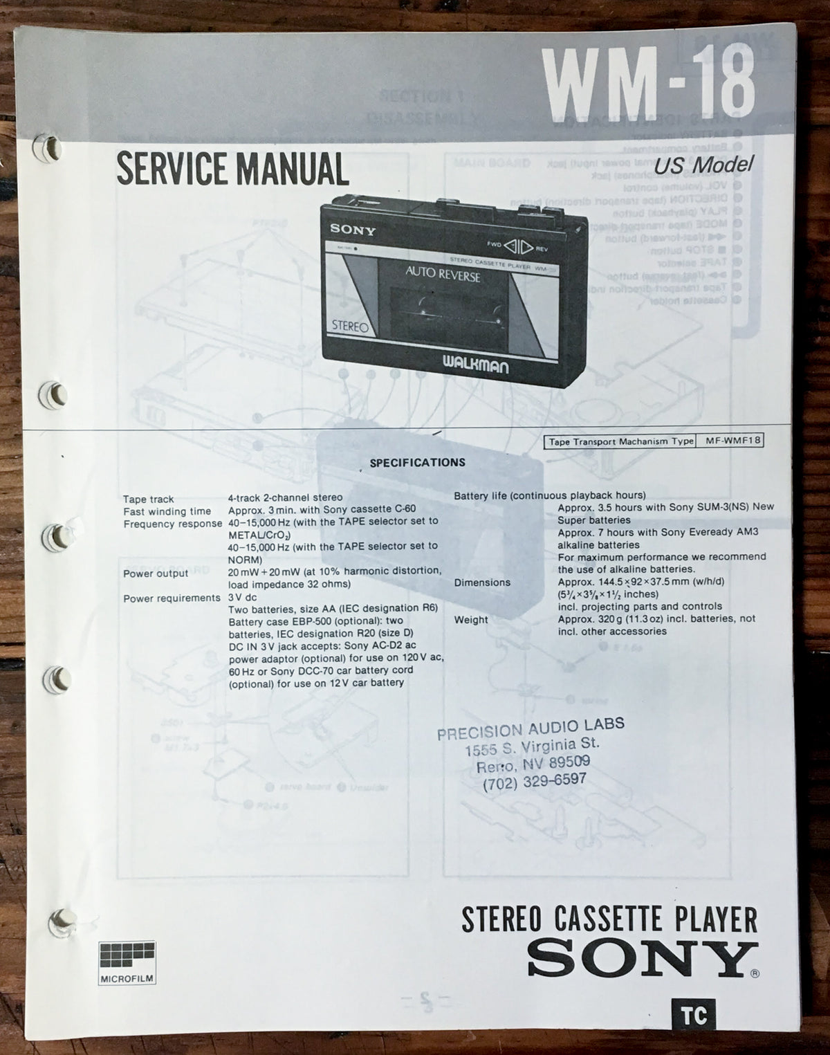 Sony WM-18 Cassette Service Manual *Original*