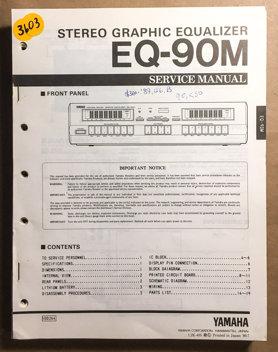 Yamaha EQ-90M Equalizer Service Manual *Original*