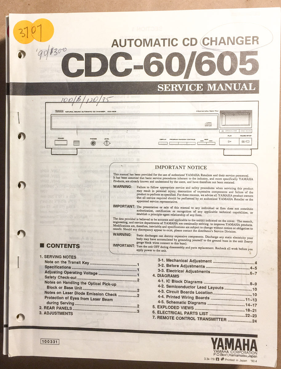 Yamaha CDC-60 CDC-605 CD Player Service Manual *Original*