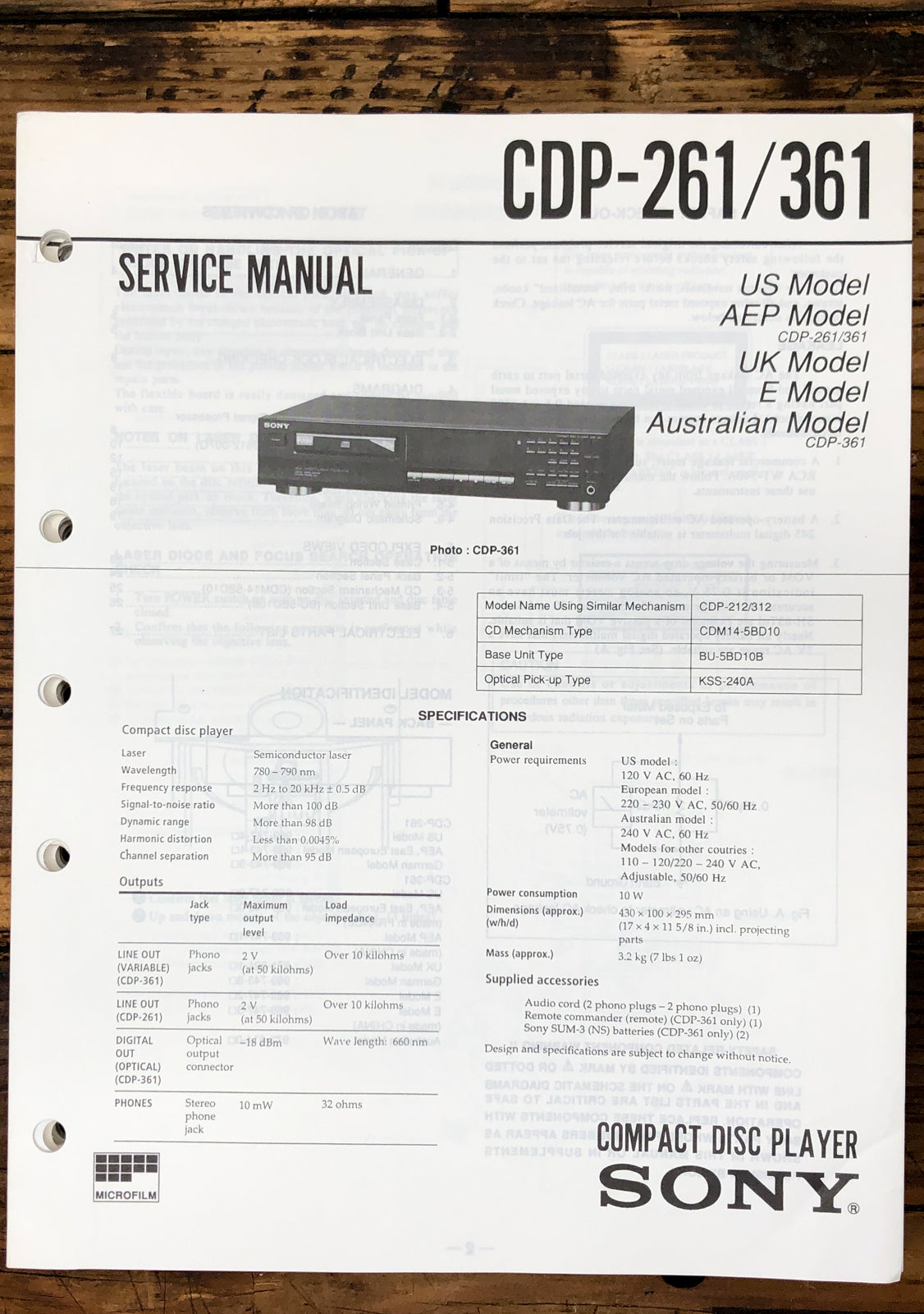 Sony CDP-261 CDP-361 CD Player Service Manual *Original*