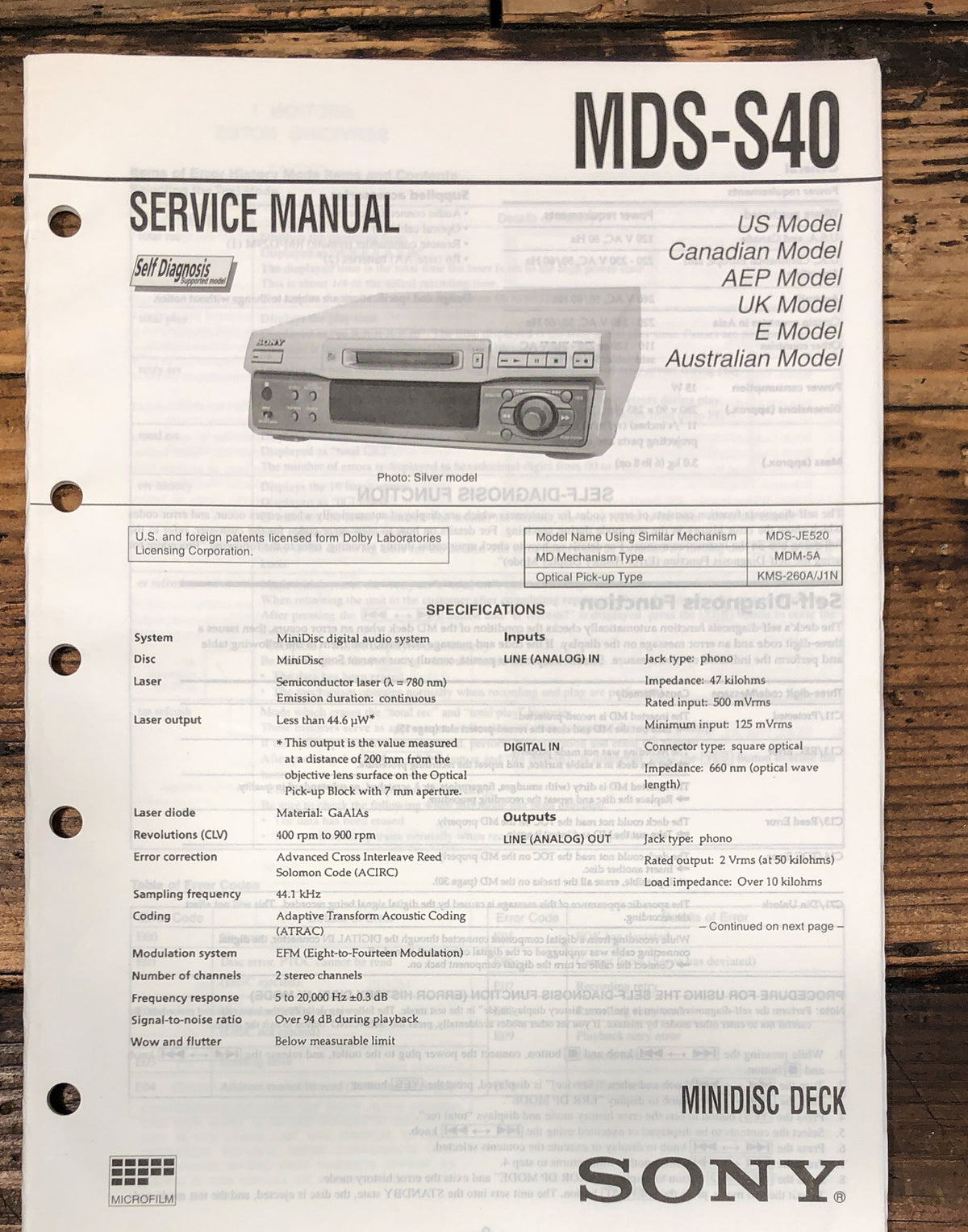 Sony MDS-S40 MD Player Service Manual *Original*