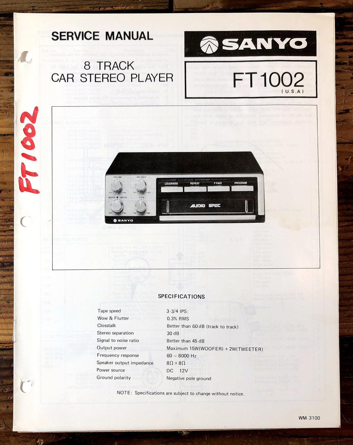 Sanyo FT1002 8 Track Car Stereo Player Service Manual *Original*