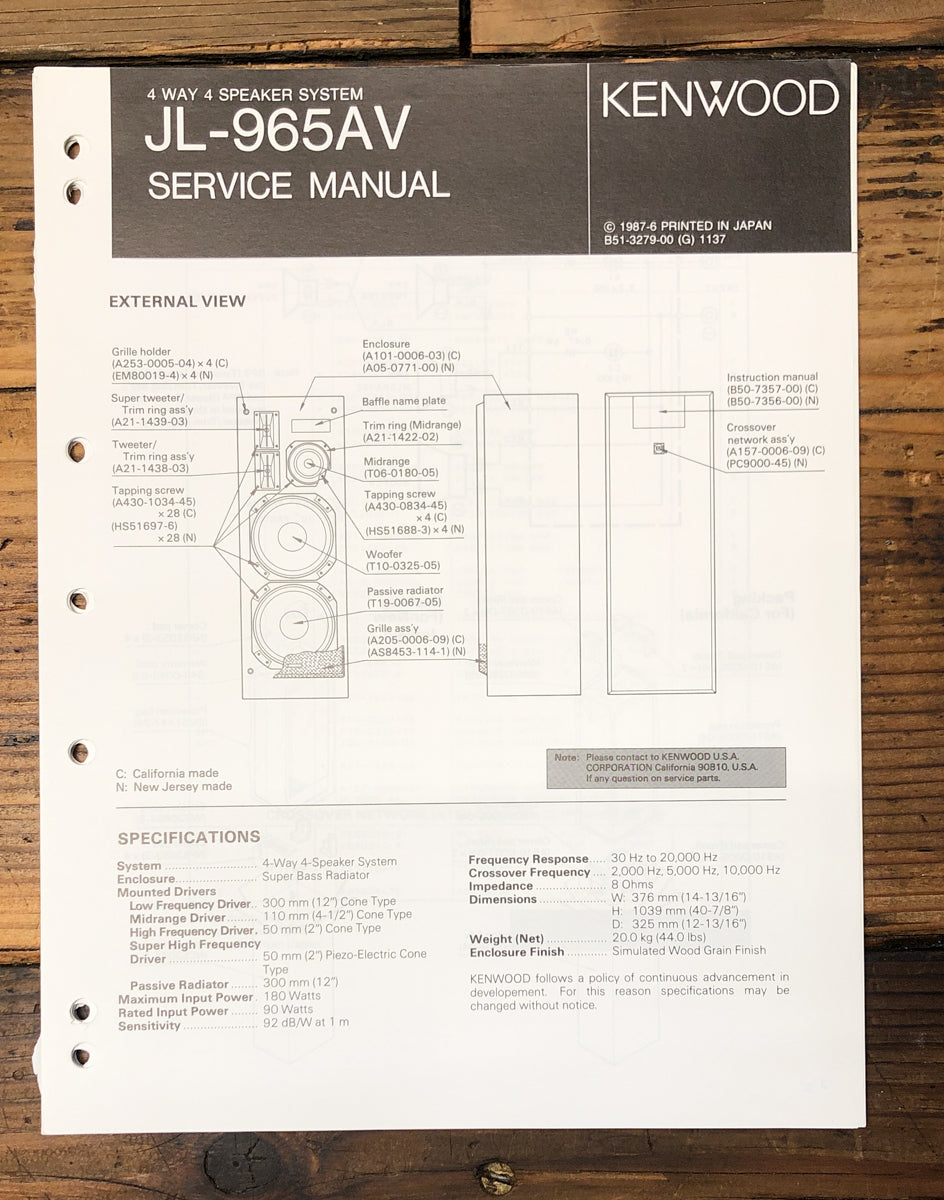 Kenwood JL-965AV Speaker Service Manual *Original*
