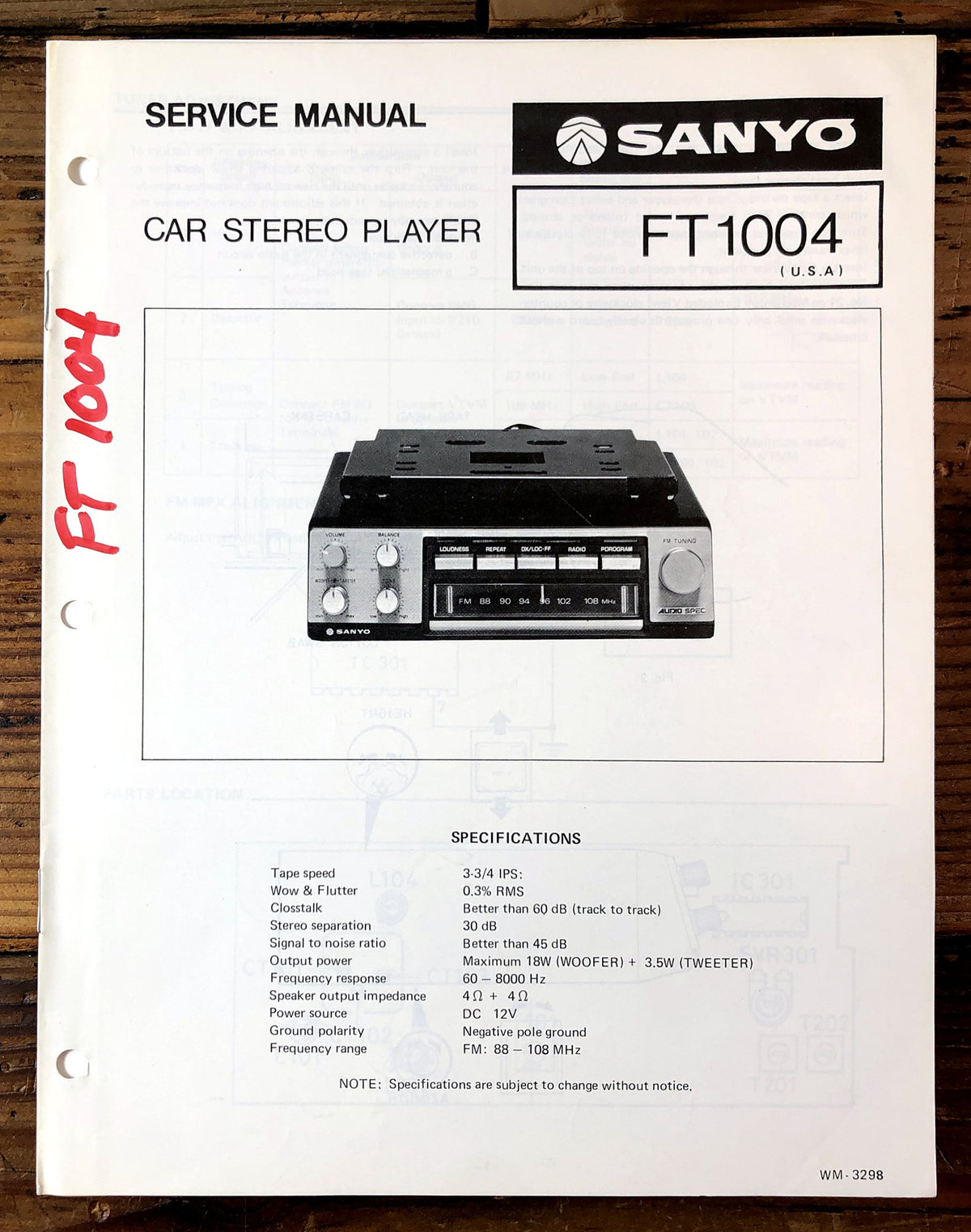 Sanyo FT1004 Car Stereo Player Service Manual *Original*