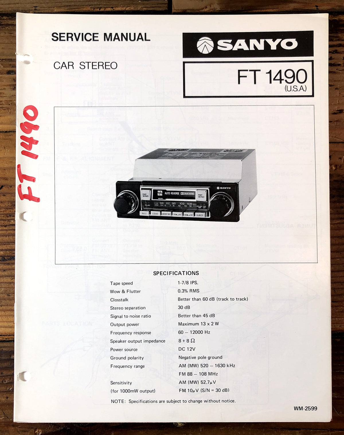 Sanyo FT1490 Car Stereo Service Manual *Original*
