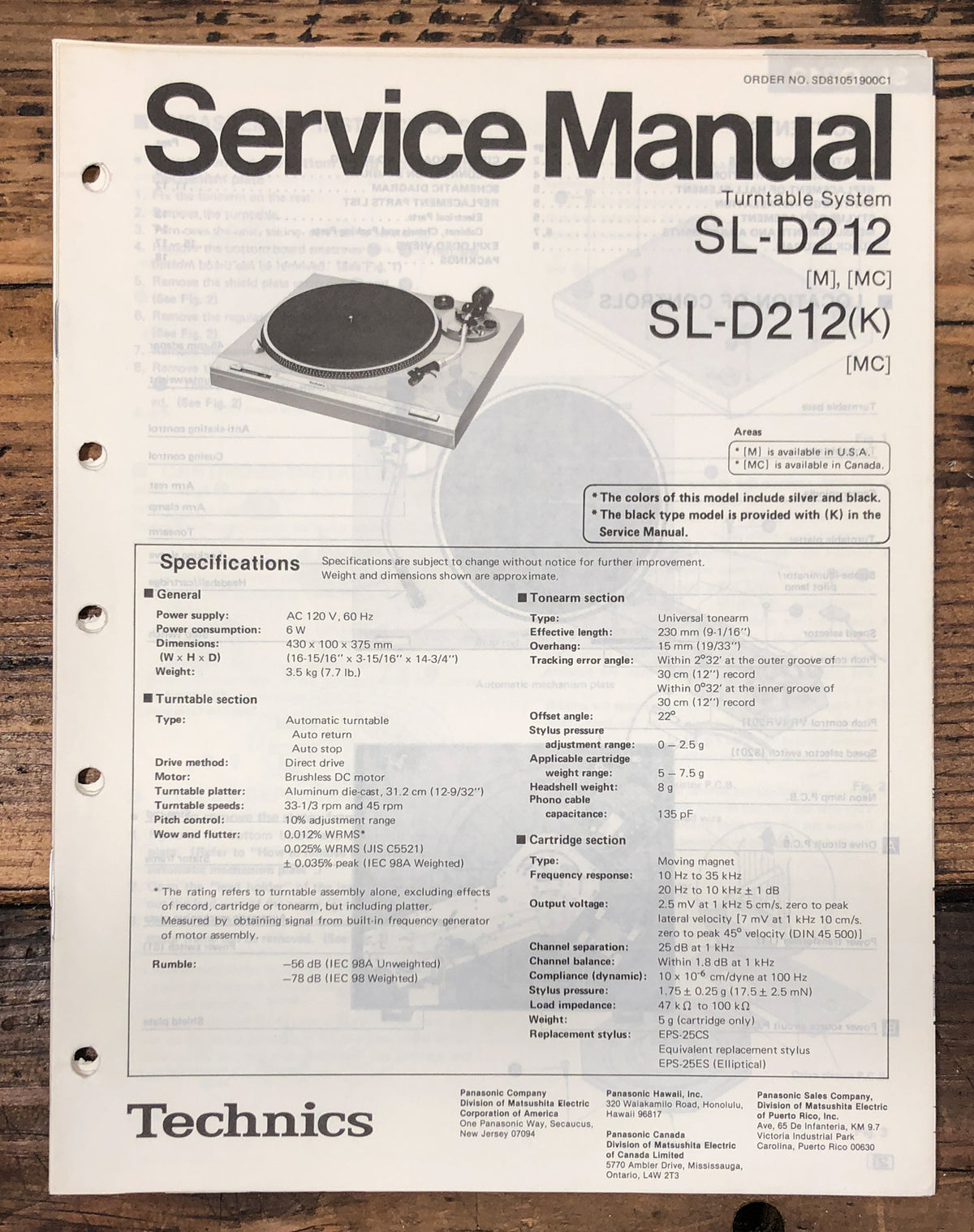 Technics / Panasonic SL-D212 Turntable Service Manual *Original*