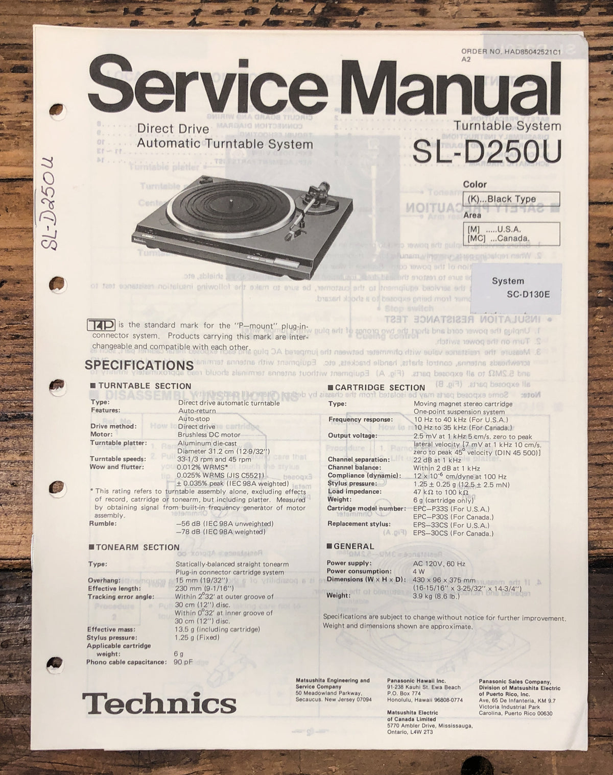 Technics / Panasonic SL-D250 D250U Turntable Service Manual *Original*