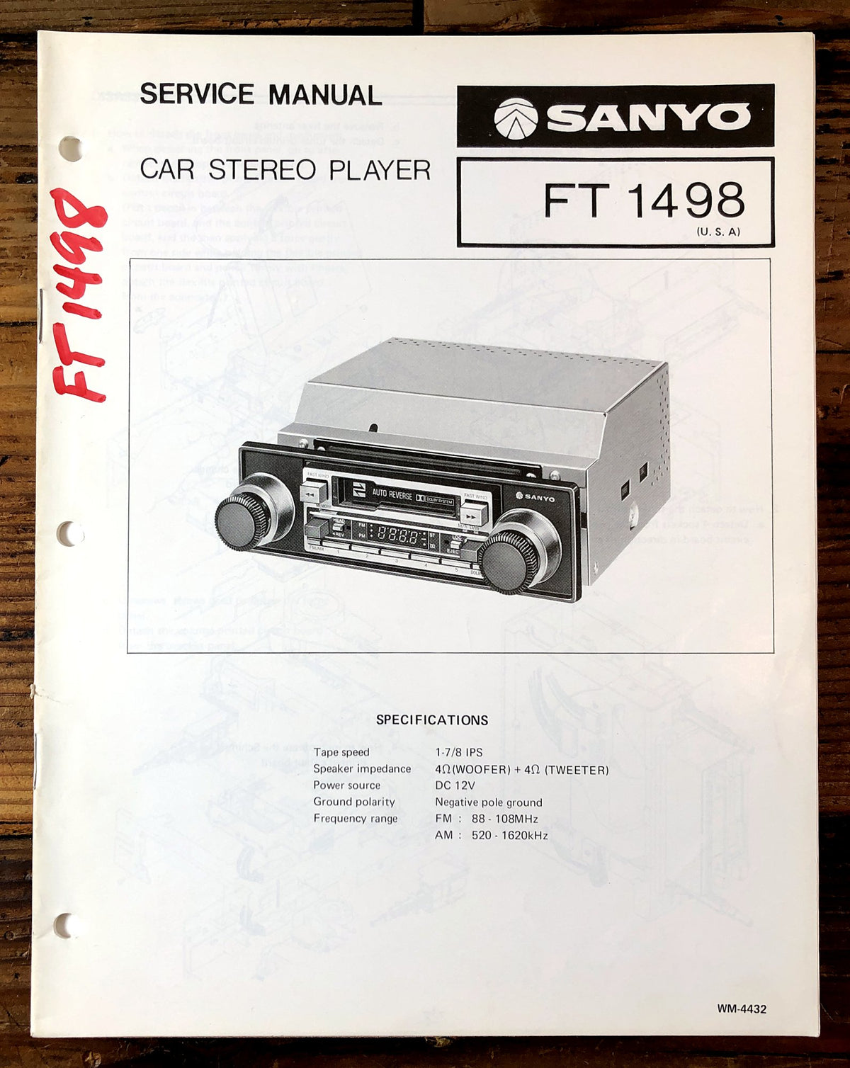 Sanyo FT1498 Car Stereo Player Service Manual *Original*