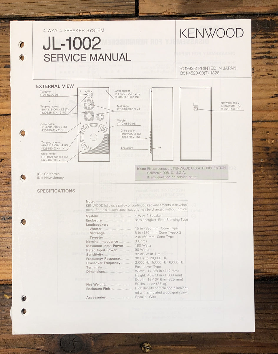 Kenwood JL-1002 Speaker Service Manual *Original*