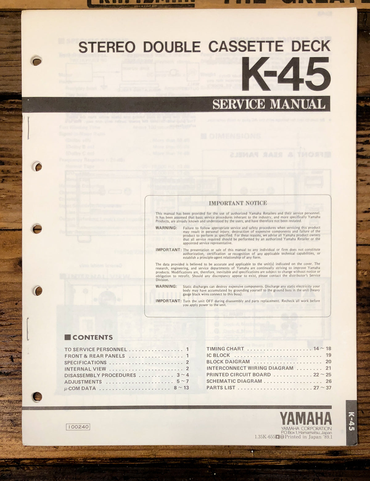 Yamaha K-45 Cassette Service Manual *Original*