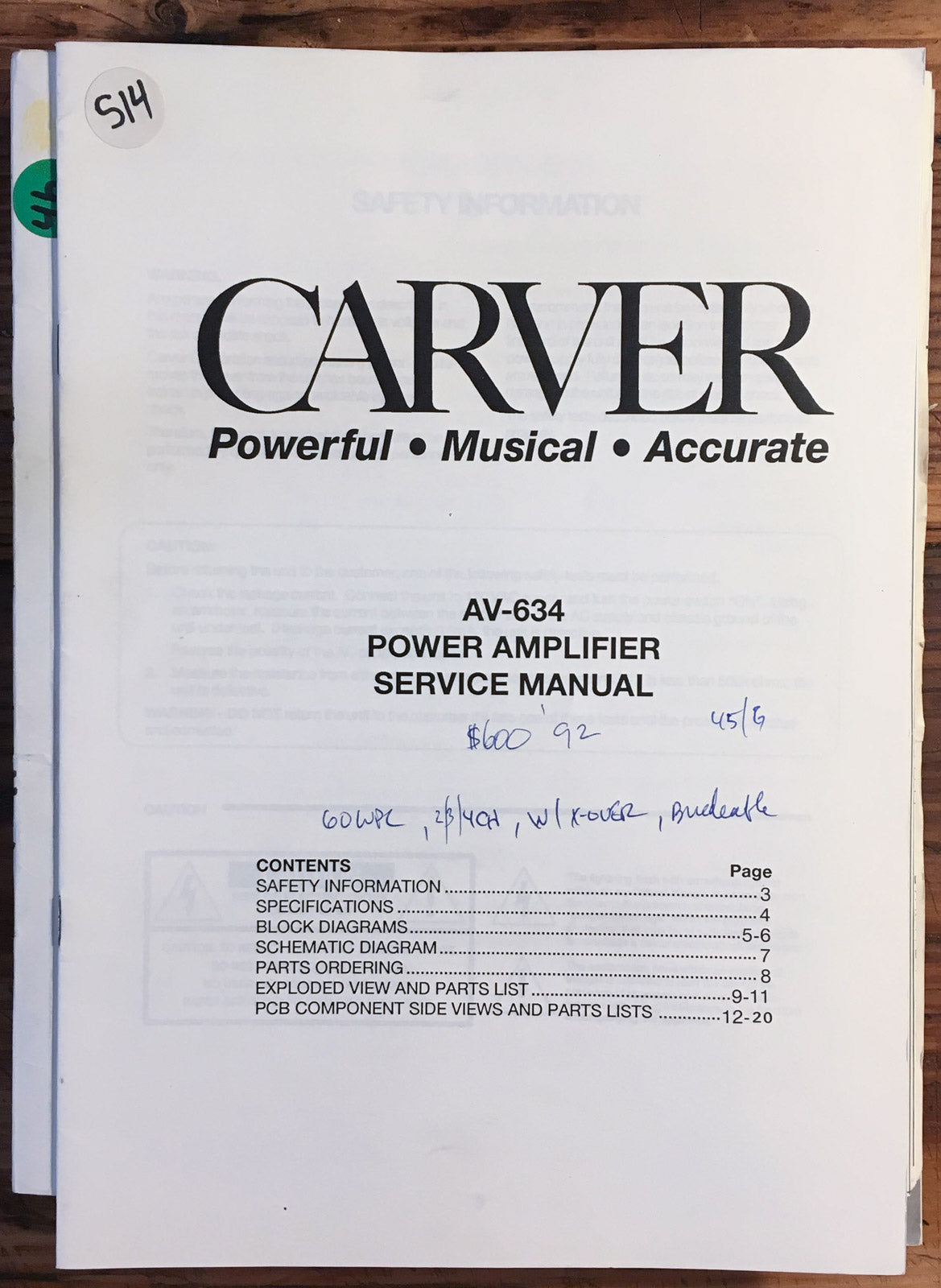 Carver AV-634 Amplifier Service Manual *Original*