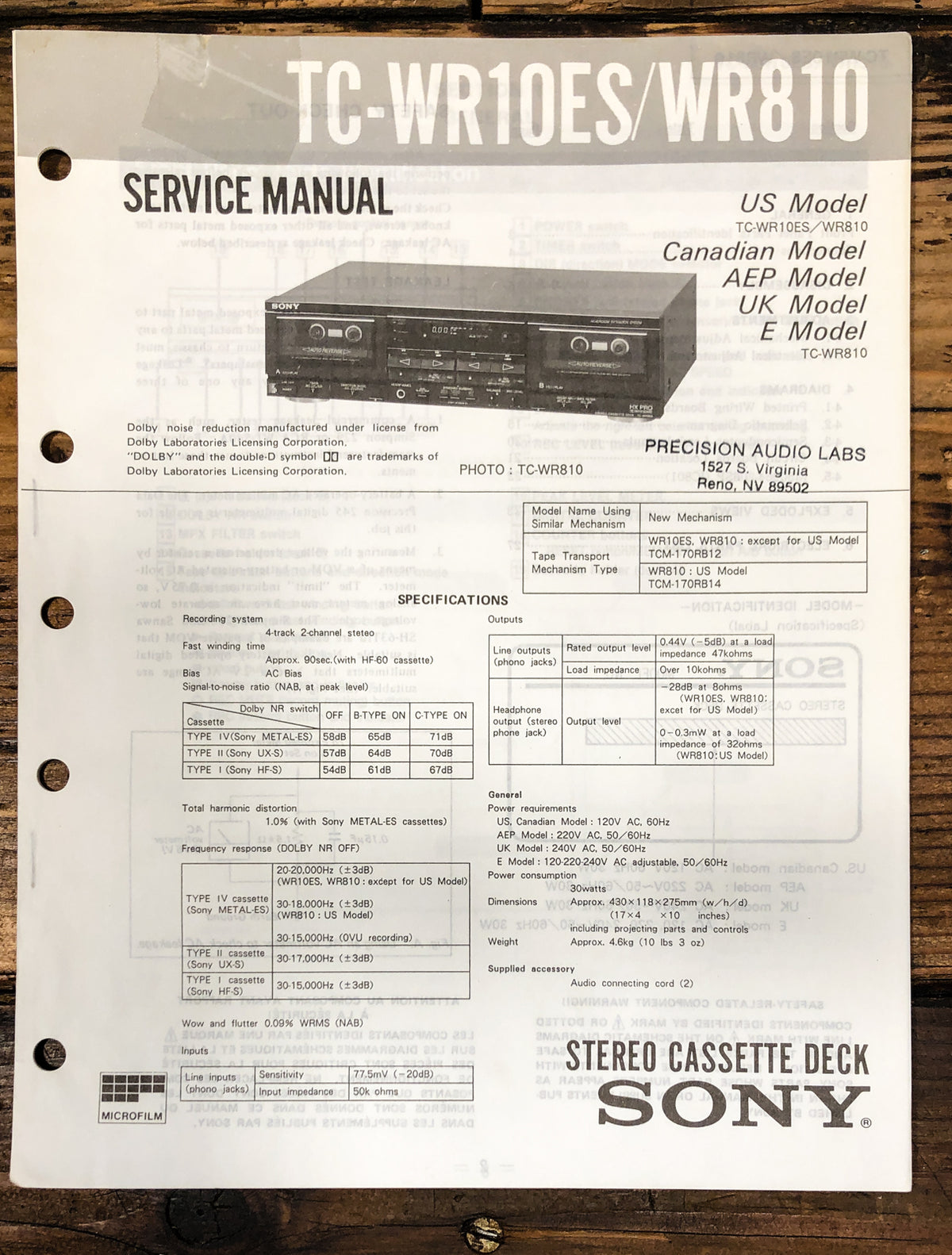 Sony TC-WR10ES TC-WR810 Cassette Service Manual *Original*