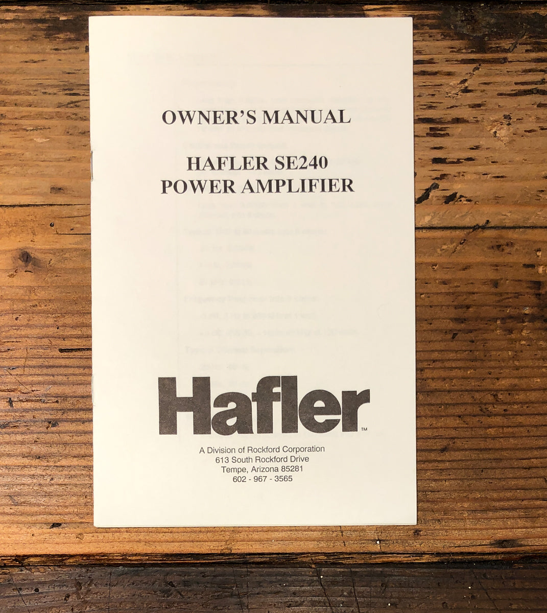 Hafler Model SE240 SE 240 Amplifier Owners / User Manual *Original*