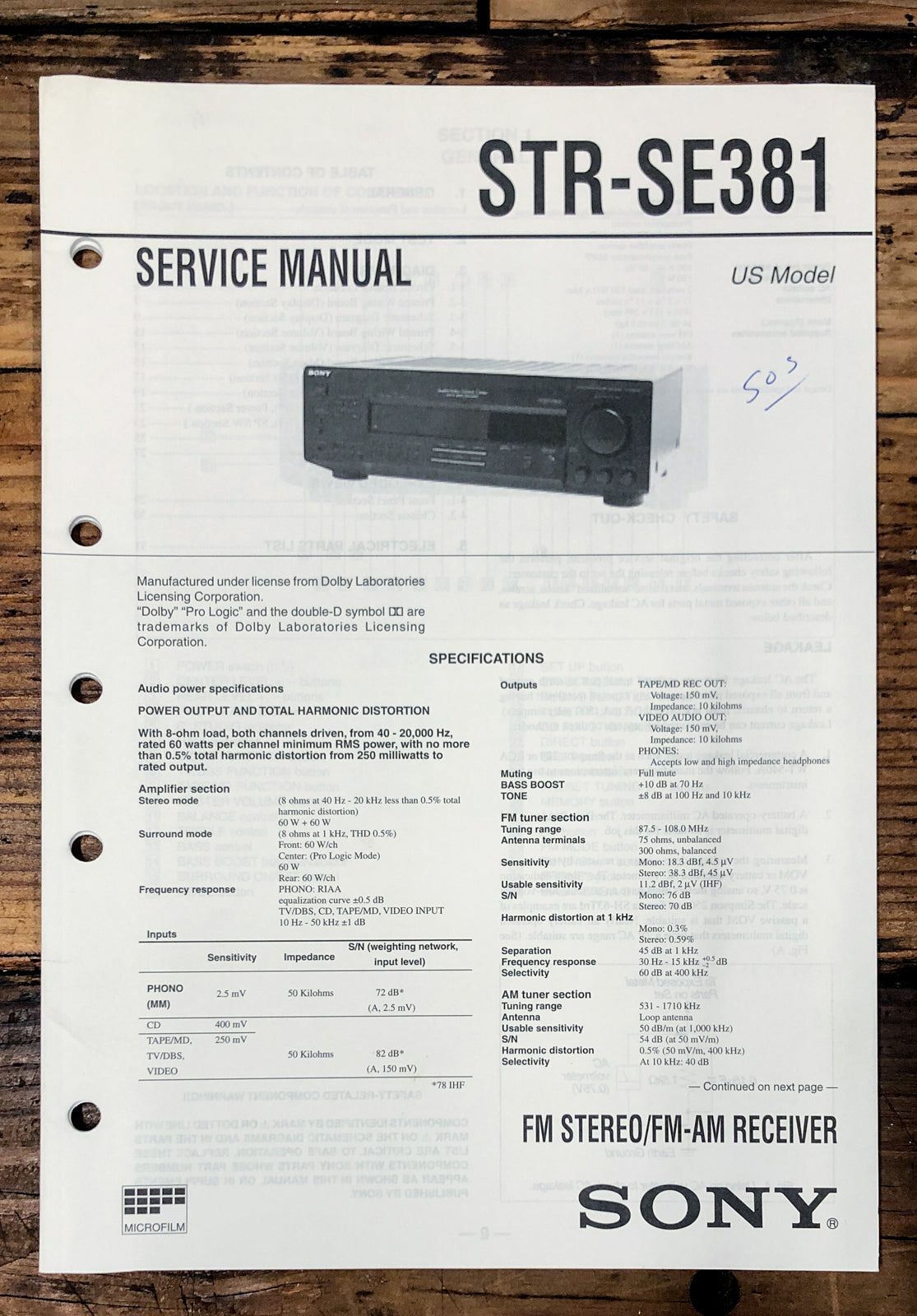 Sony STR-SE381 Receiver Service Manual *Original*