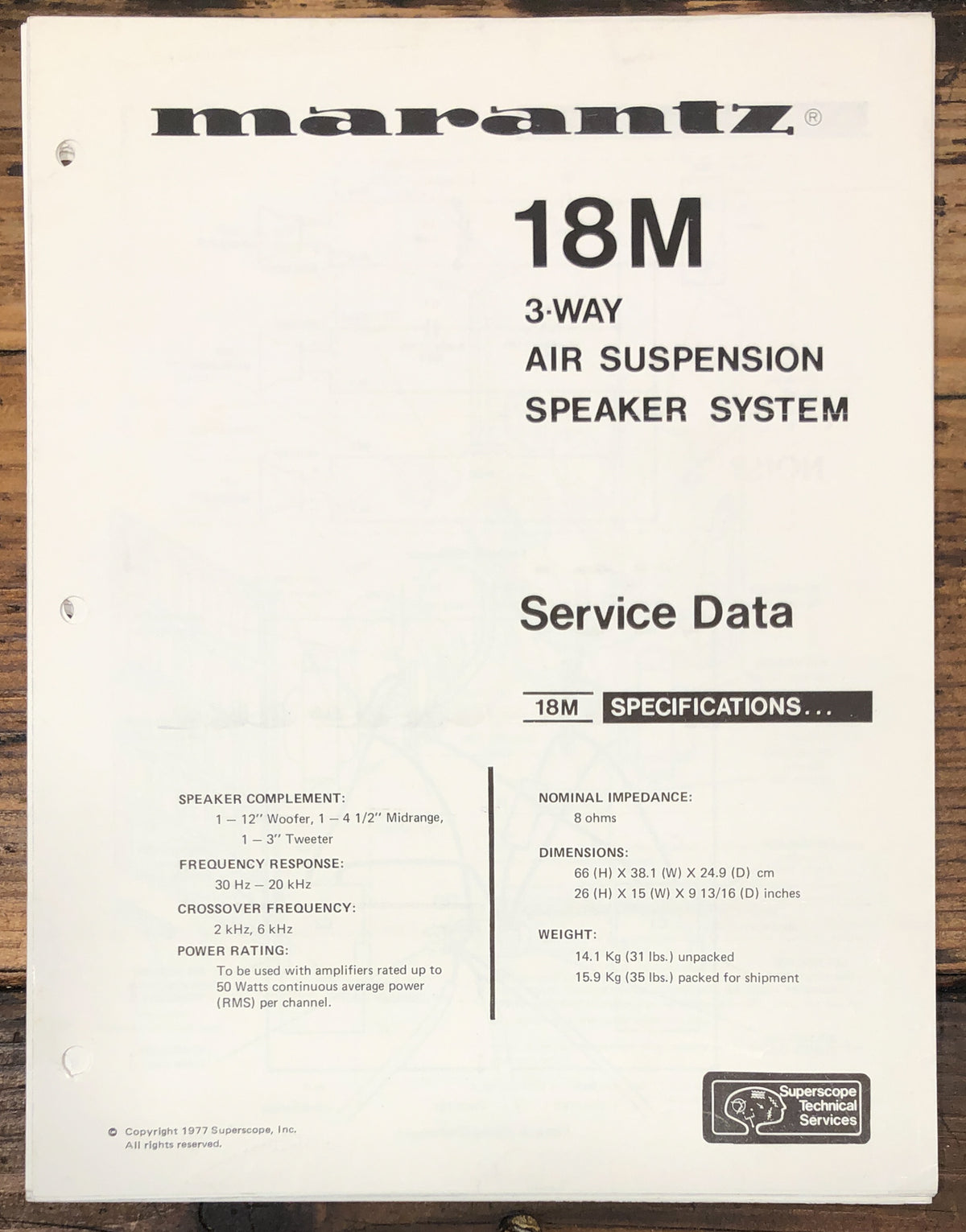 Marantz MS-18M Speaker Service Data Sheet *Original*