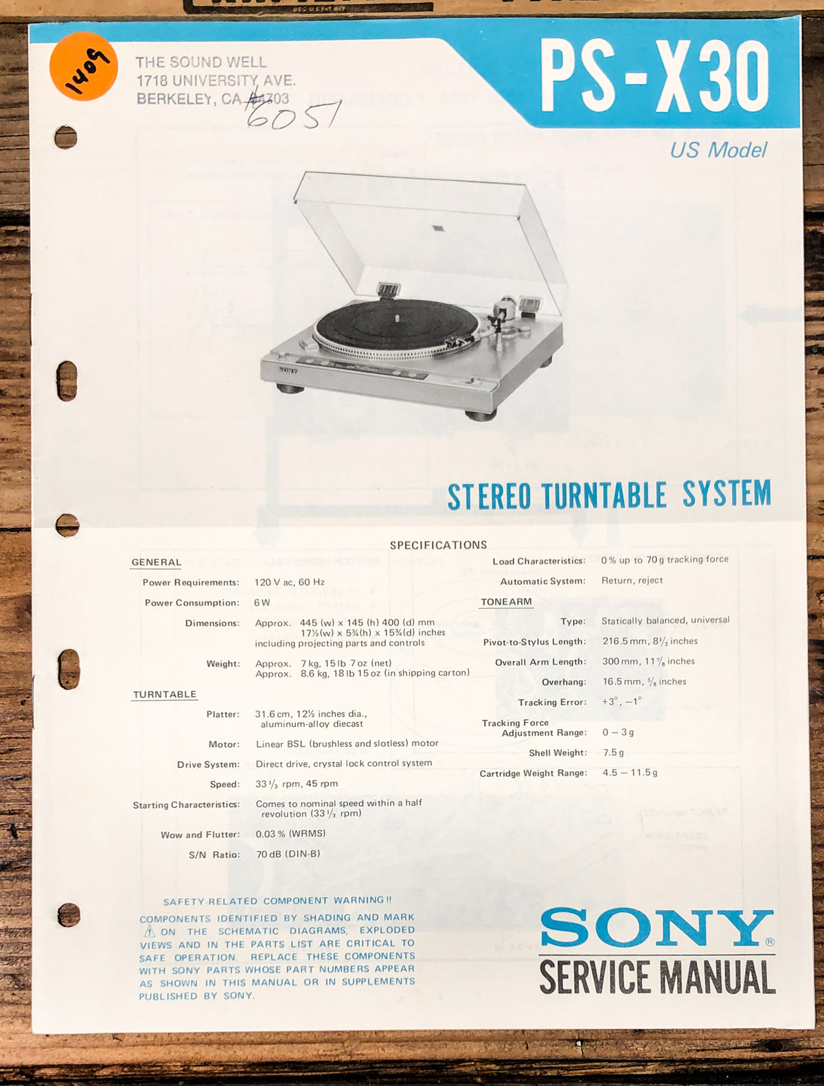 Sony PS-X30 Record Player / Turntable Service Manual *Original*