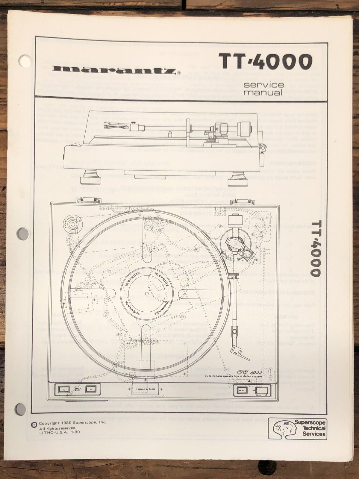 Marantz TT4000 TT-4000 Record Player / Turntable Service Manual *Original*