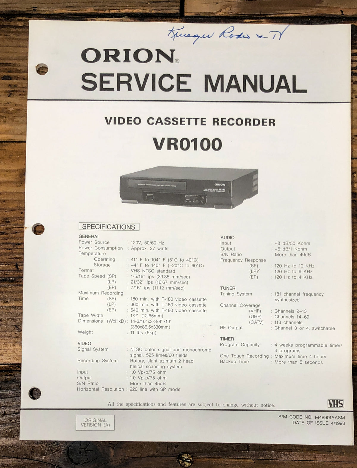 Orion VR0100 VCR Service Manual *Original*
