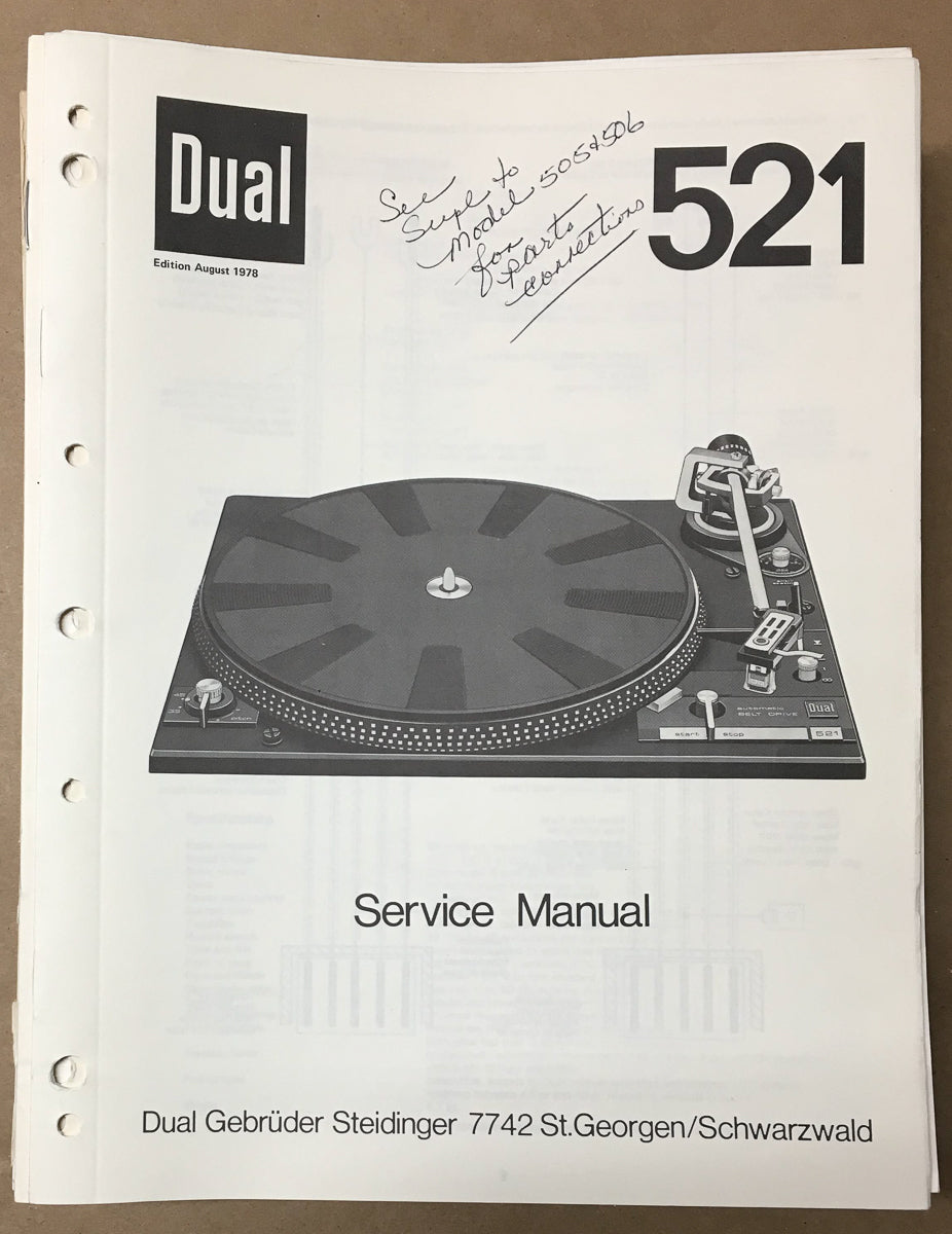 Dual Model 521 Record Player / Turntable Service Manual *Original*