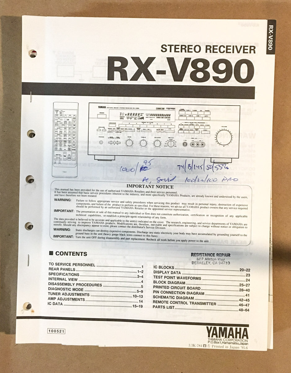 Yamaha RX-V890 Receiver Service Manual *Original*