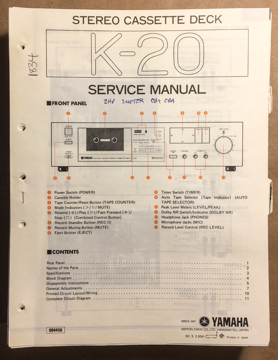 Yamaha K-20 Cassette Service Manual *Original*