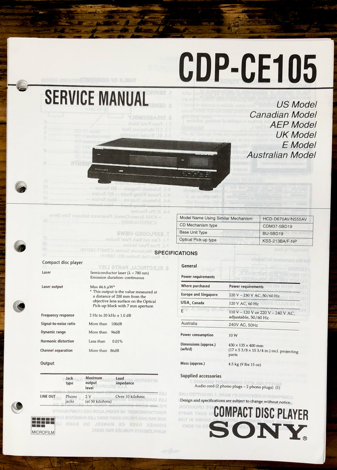Sony CDP-CE105 CD Player Service Manual *Original*