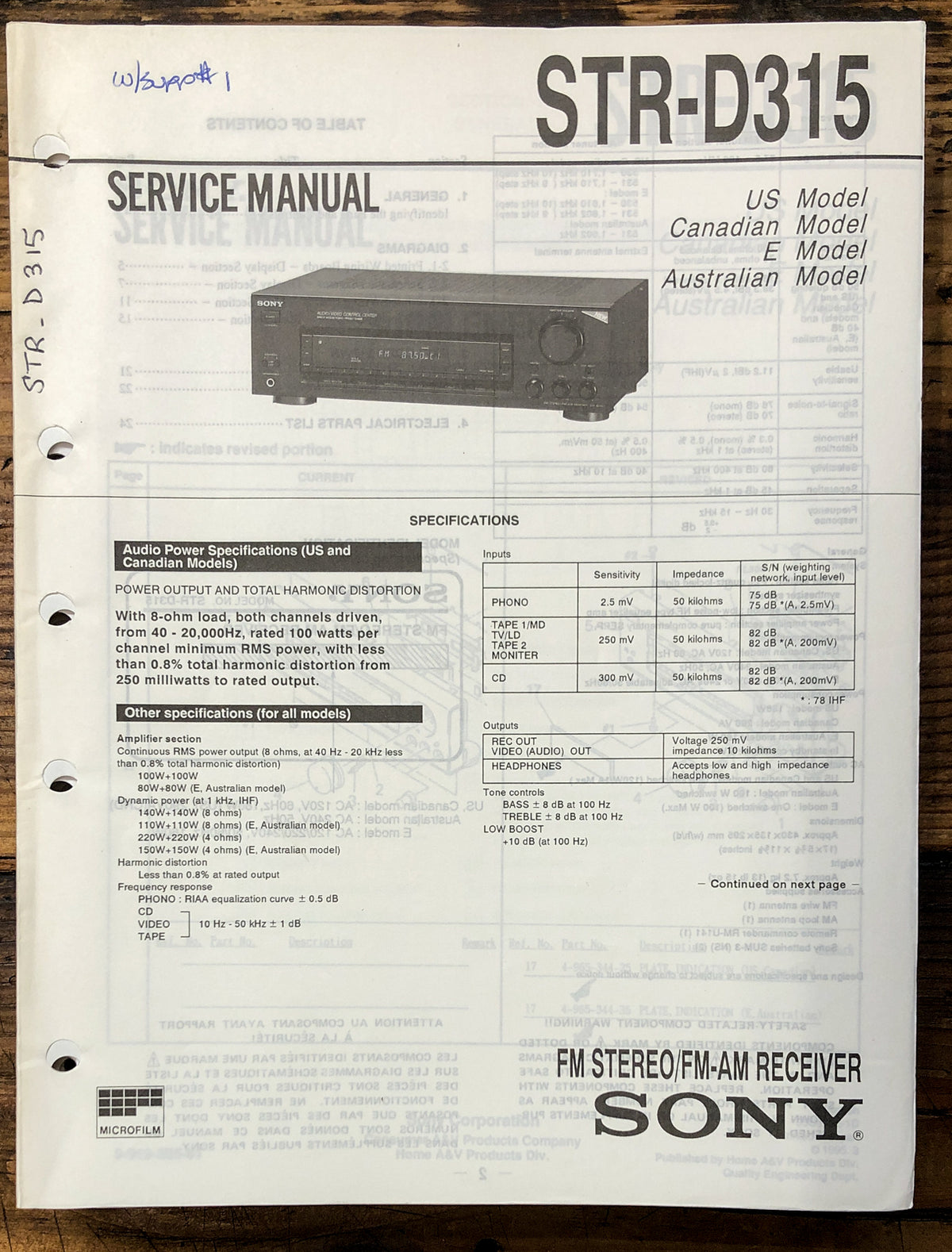 Sony STR-D315 Receiver Service Manual *Original*