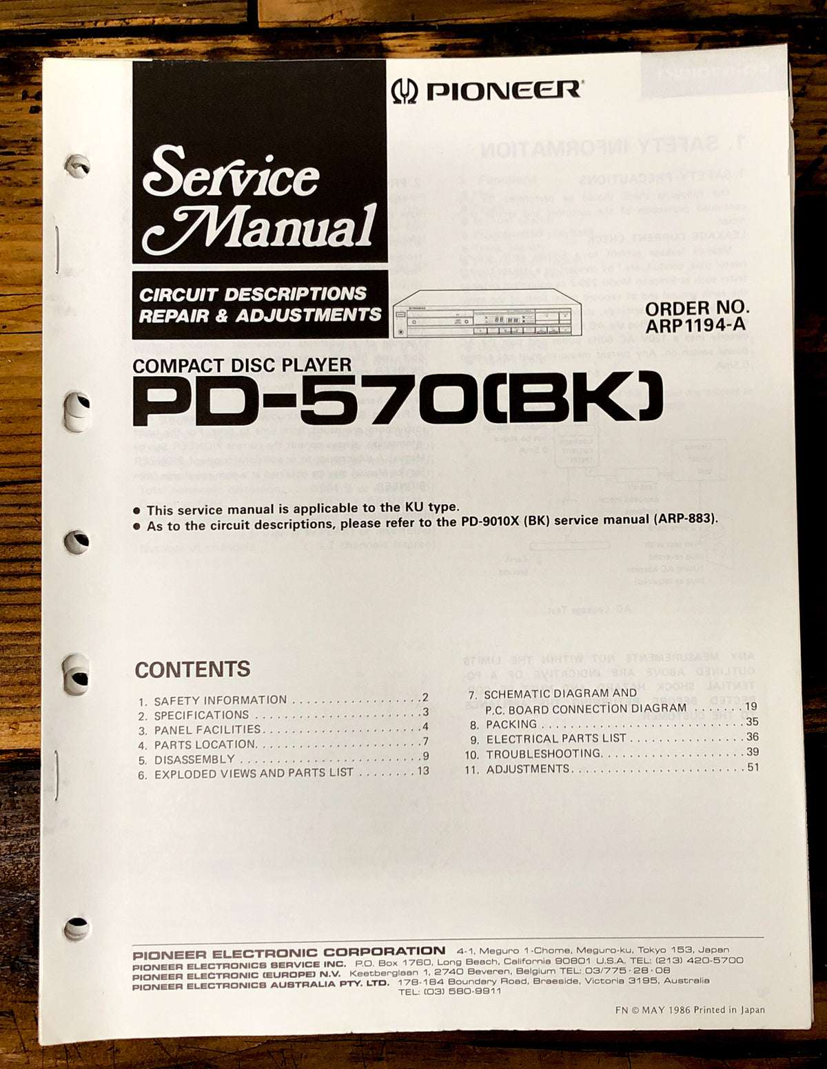 Pioneer PD-570 CD Player Service Manual *Original*