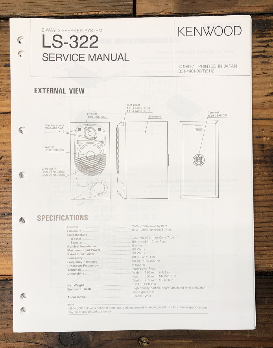 Kenwood LS-322 Speaker Service Manual *Original*