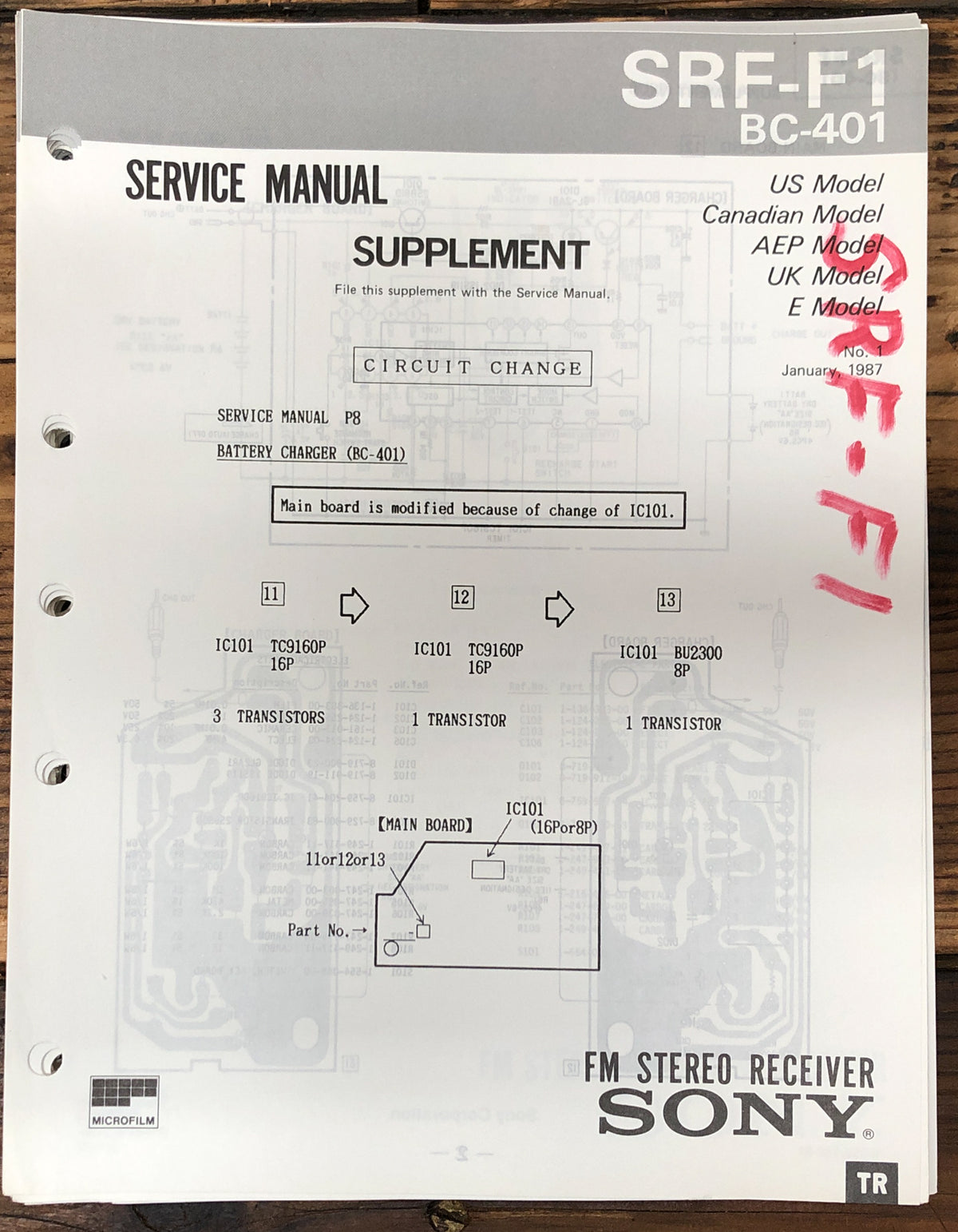 Sony SRF-F1 BC-401 Portable Radio / Receiver Supp. Service Manual *Original*