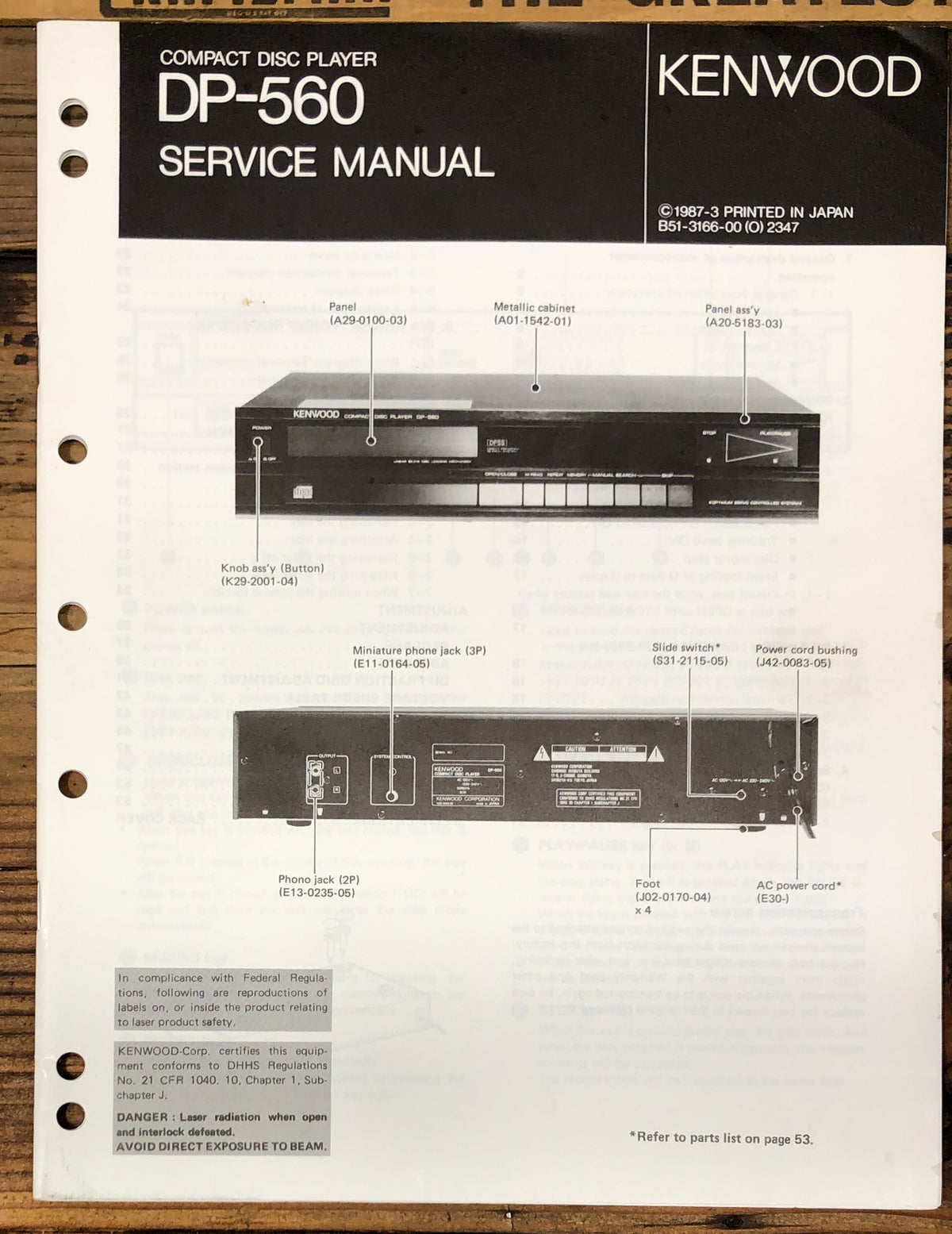 Kenwood DP-560 CD Player Service Manual *Original*
