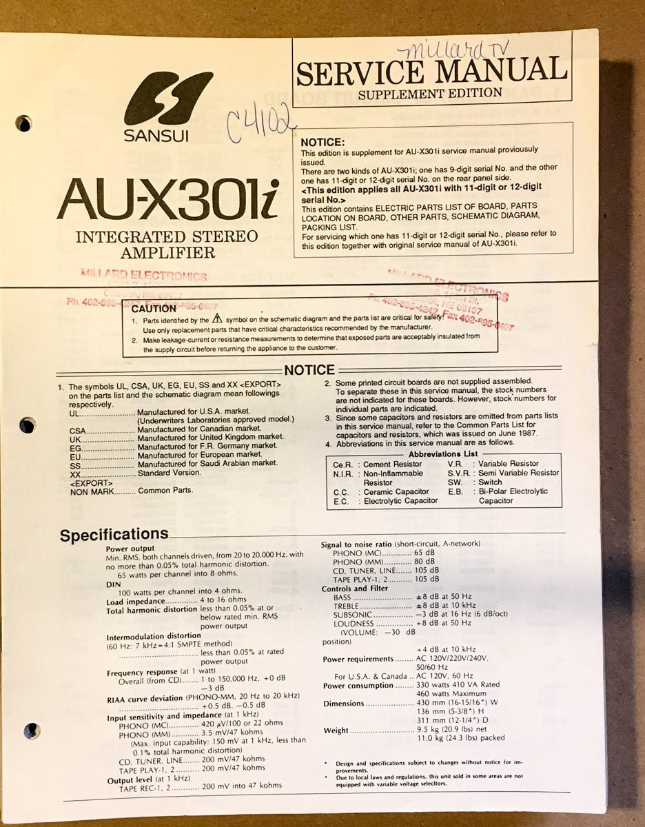 Sansui AU-X301i Amplifier Service Manual *Original*