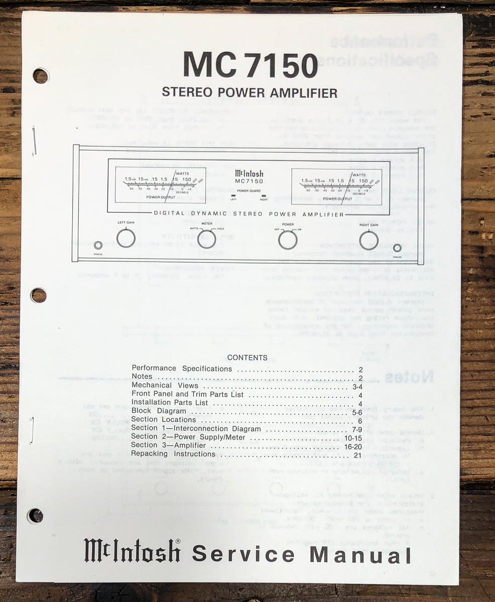 McIntosh MC-7150 MC7150 Amplifier Service Manual *Original*