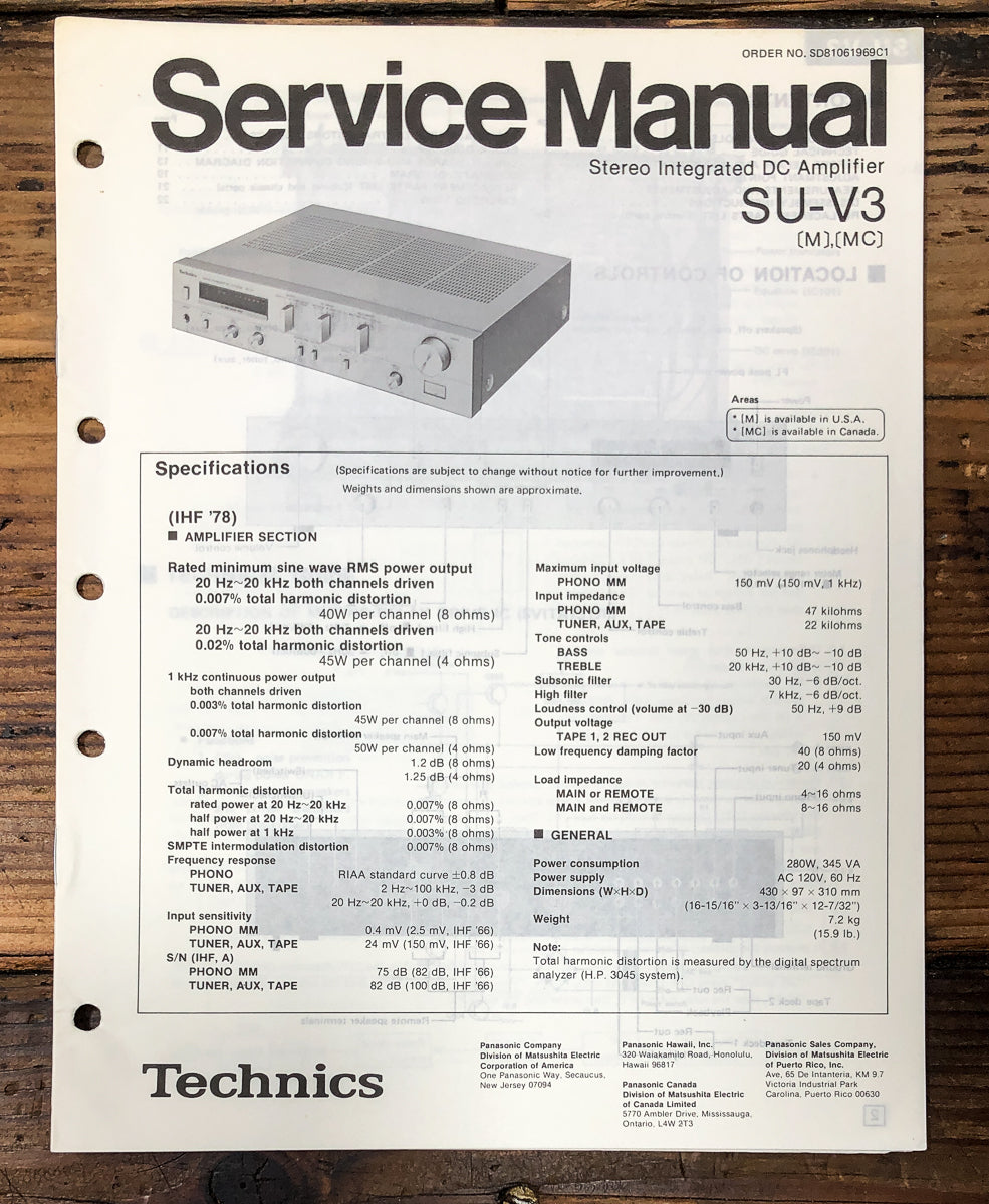 Technics SU-V3 Amplifier Service Manual *Original*